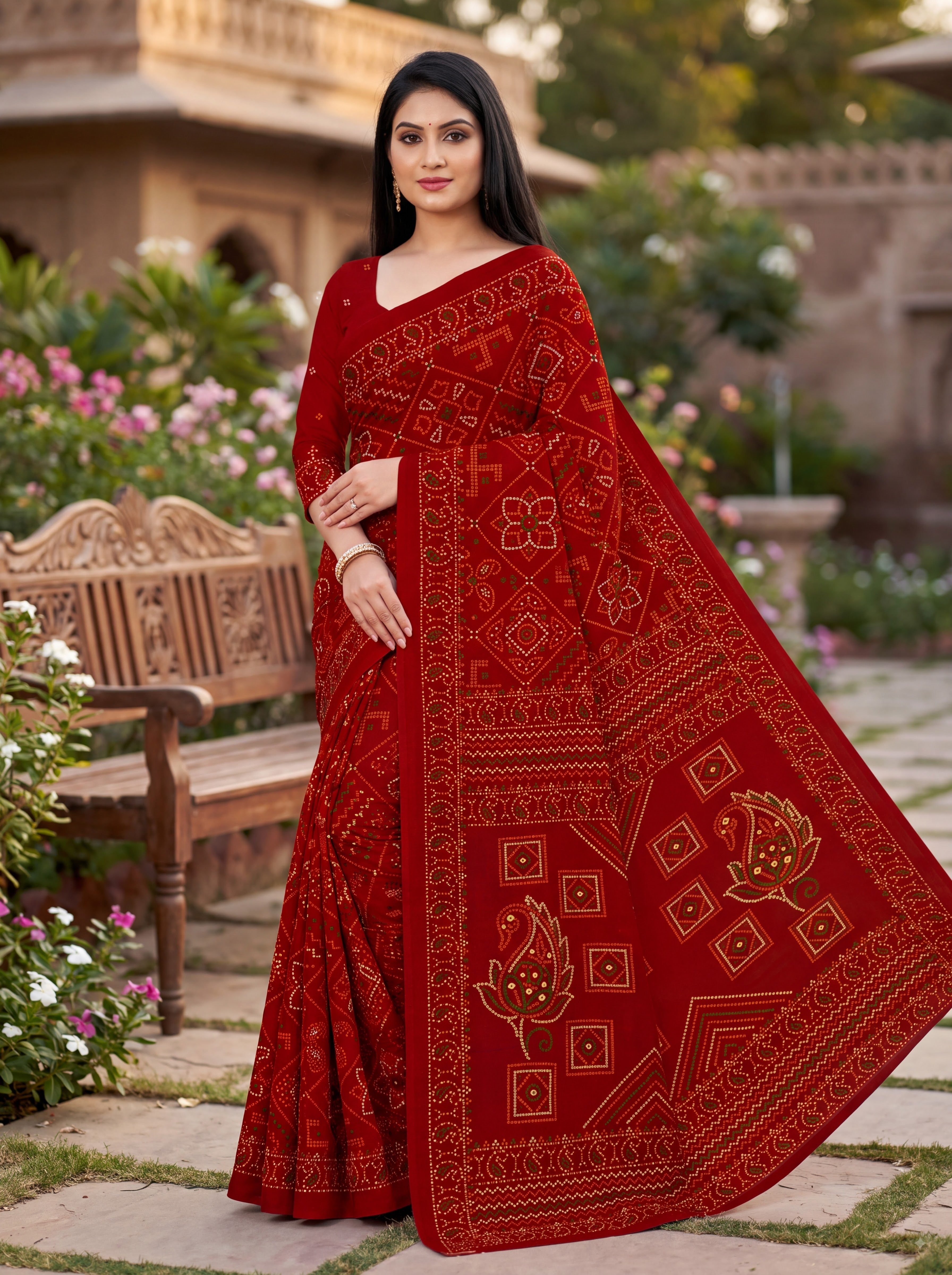 Padmavati Heritage Print Red Bandhani Saree