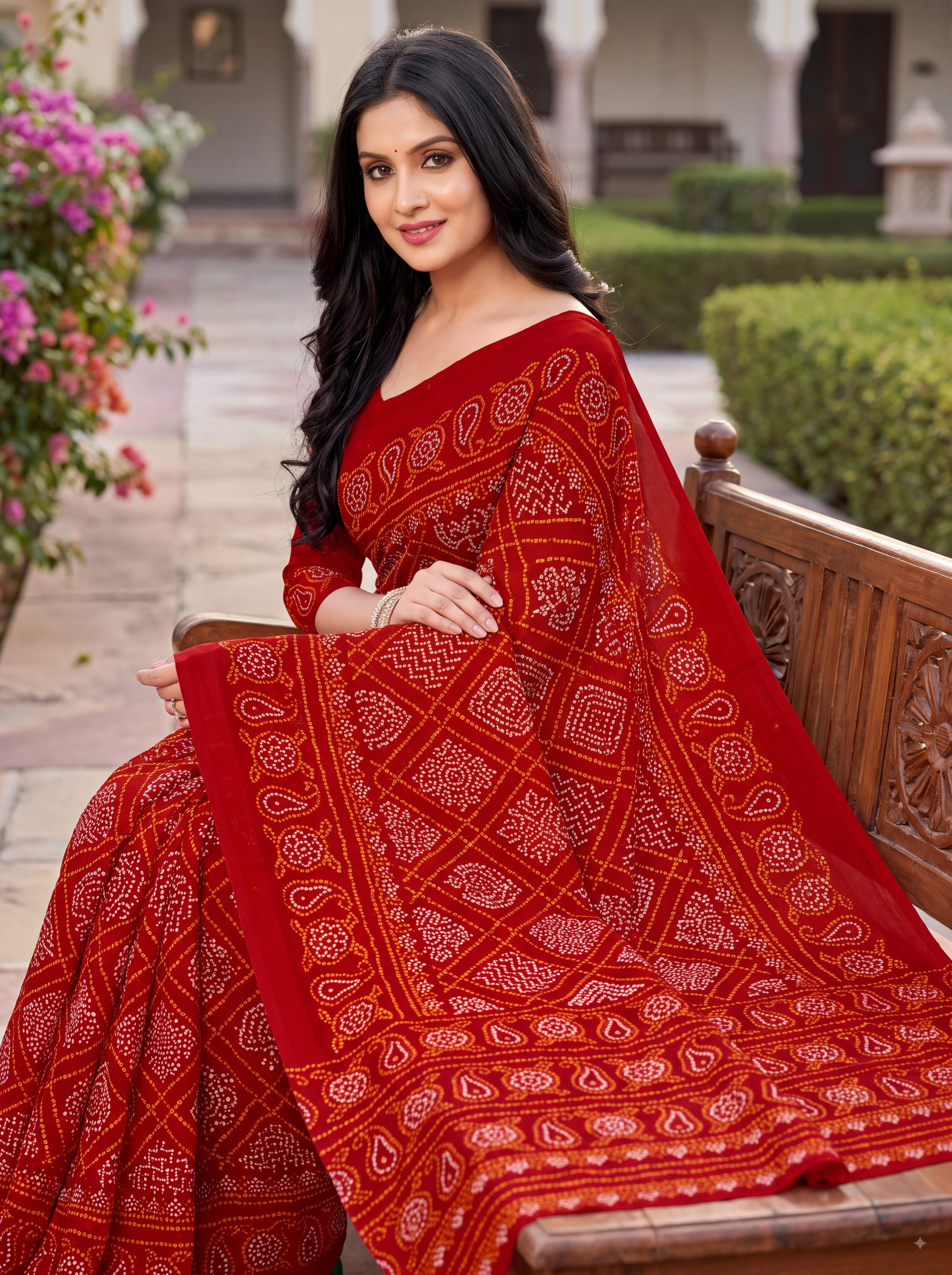 Raj Vaibhav Heritage Print Red Bandhani Saree