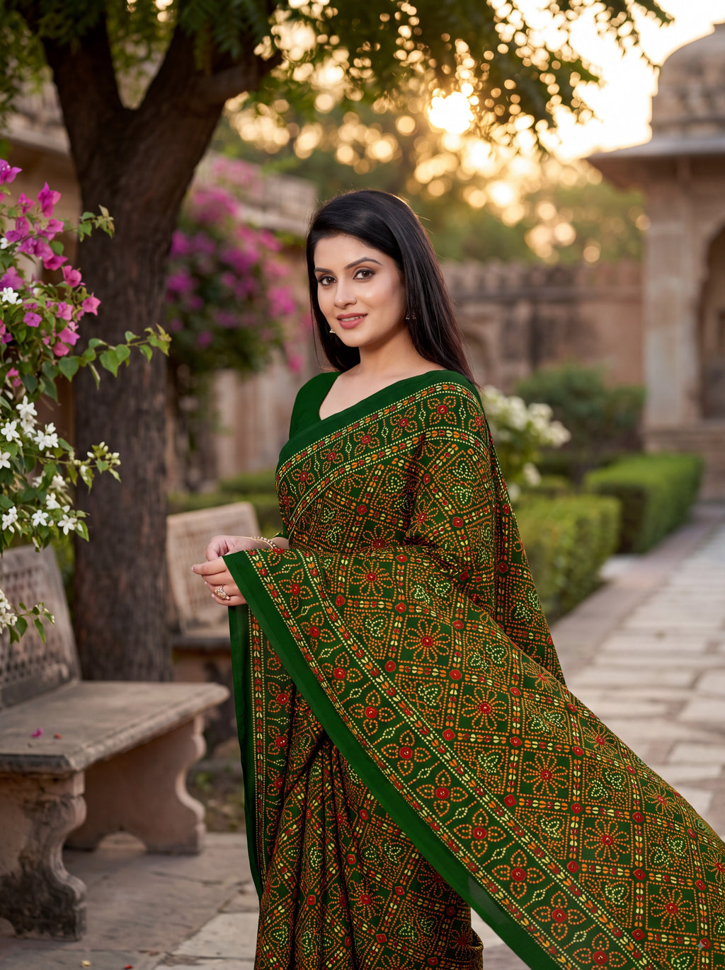 Raj Tilak Heritage Print Green Bandhani Saree