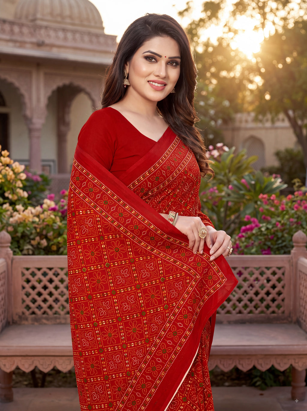 Raj Tilak Heritage Print Red Bandhani Saree