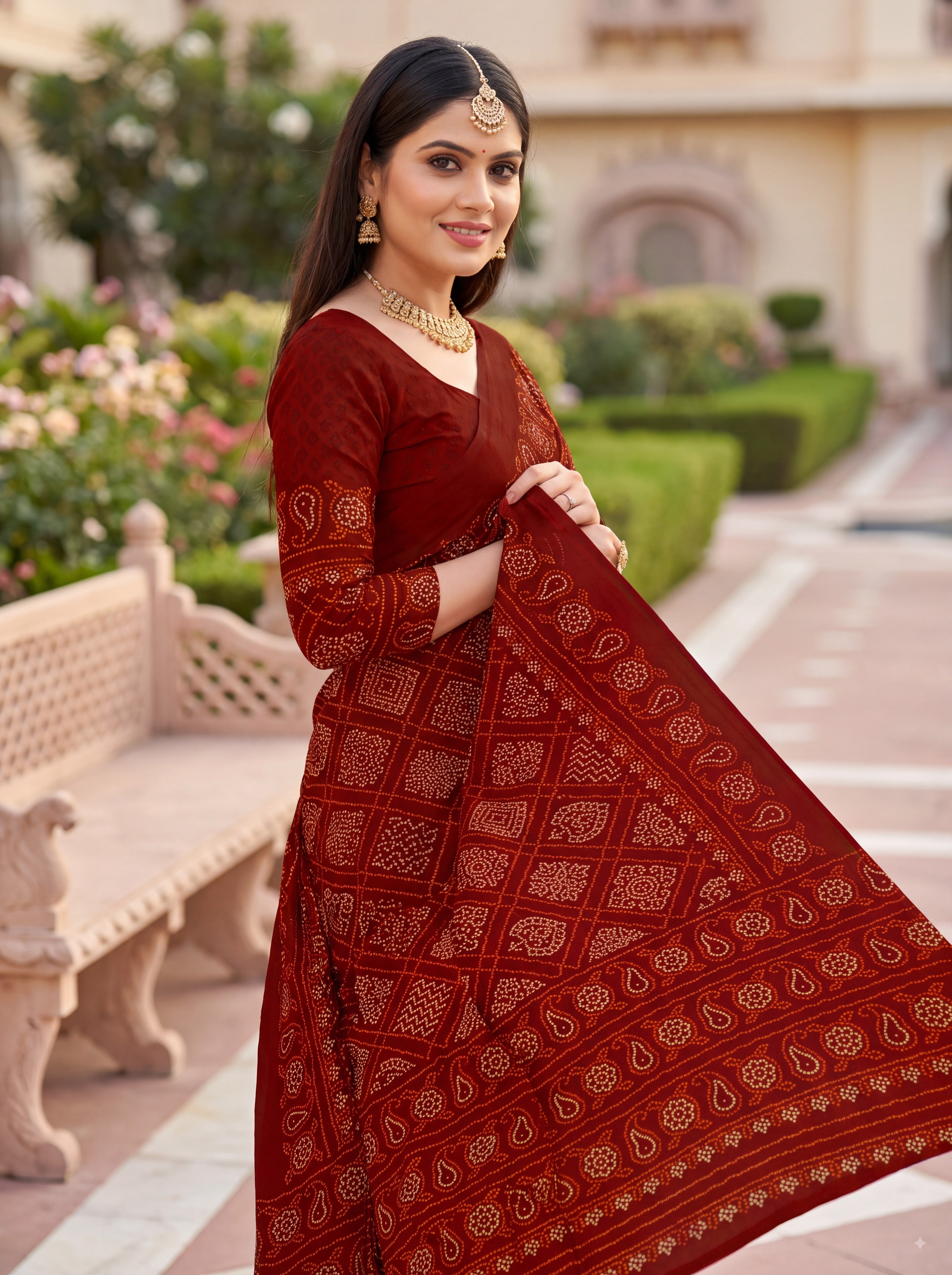 Raj Vaibhav Heritage Print Maroon Bandhani Saree