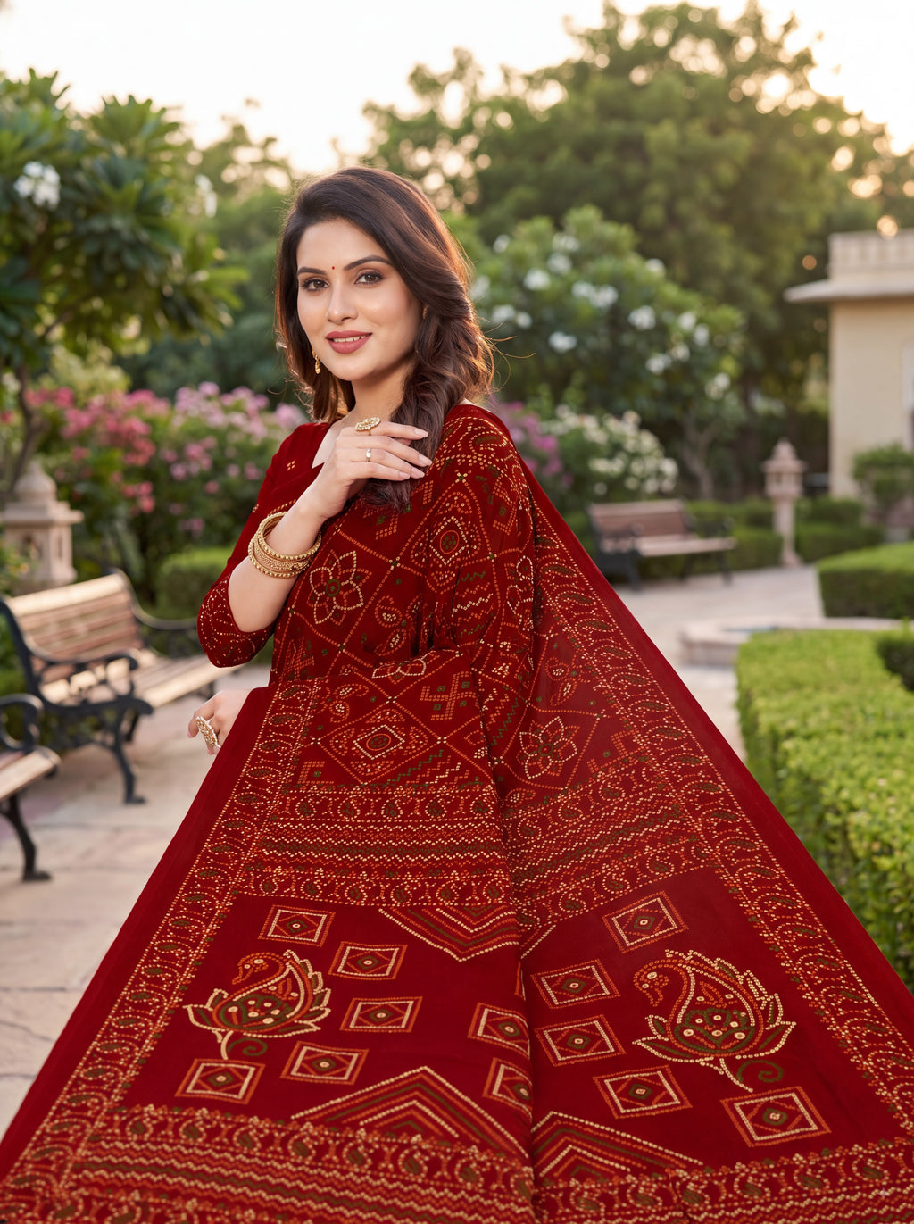 Padmavati Heritage Print Maroon Bandhani Saree