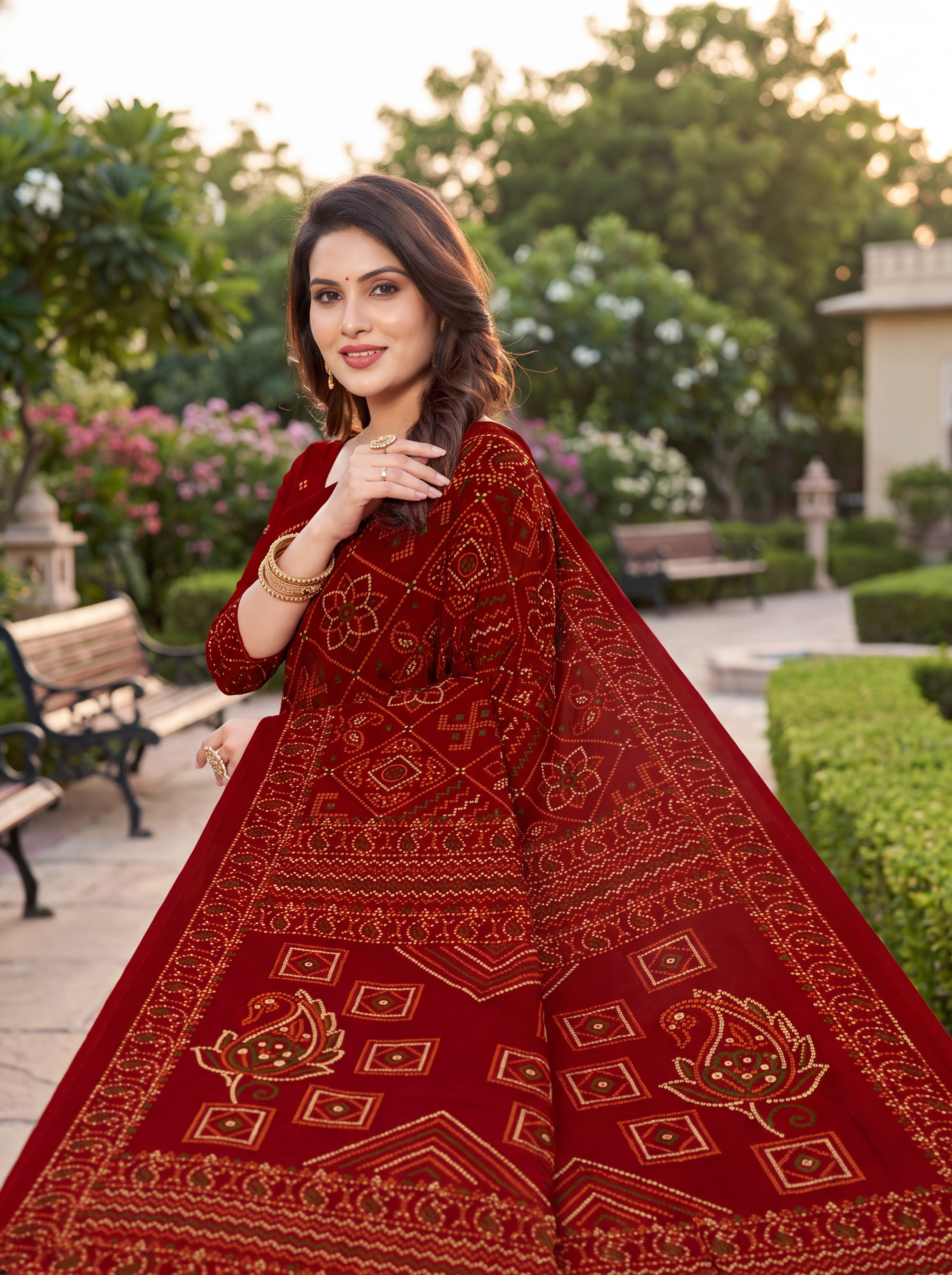 Padmavati Heritage Print Maroon Bandhani Saree
