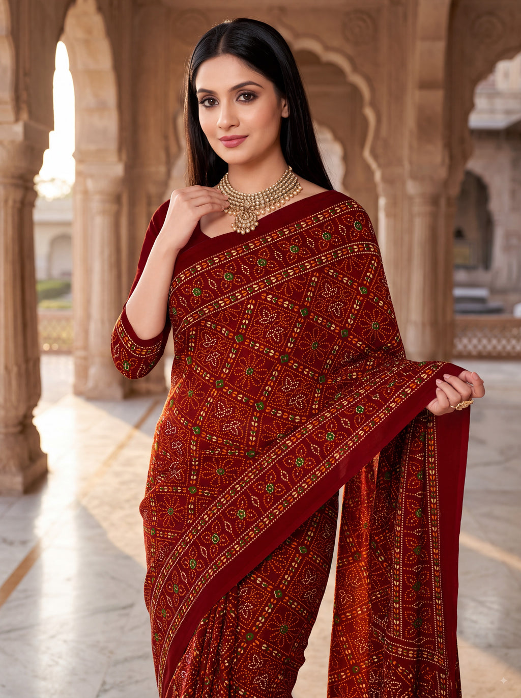 Raj Tilak Heritage Print Maroon Bandhani Saree