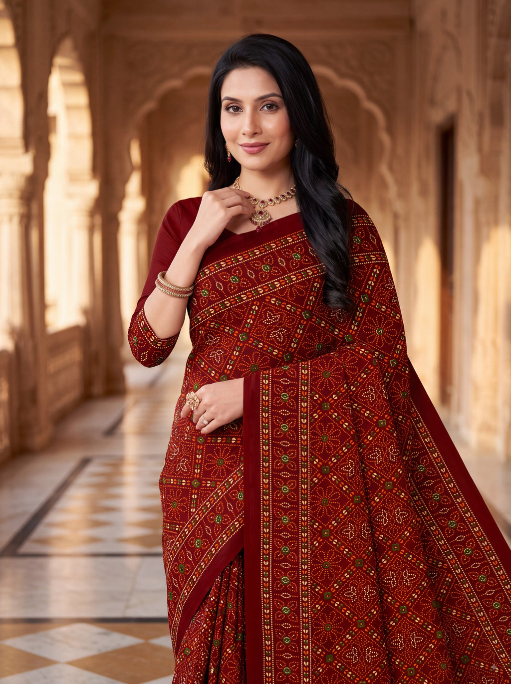 Raj Tilak Heritage Print Maroon Bandhani Saree
