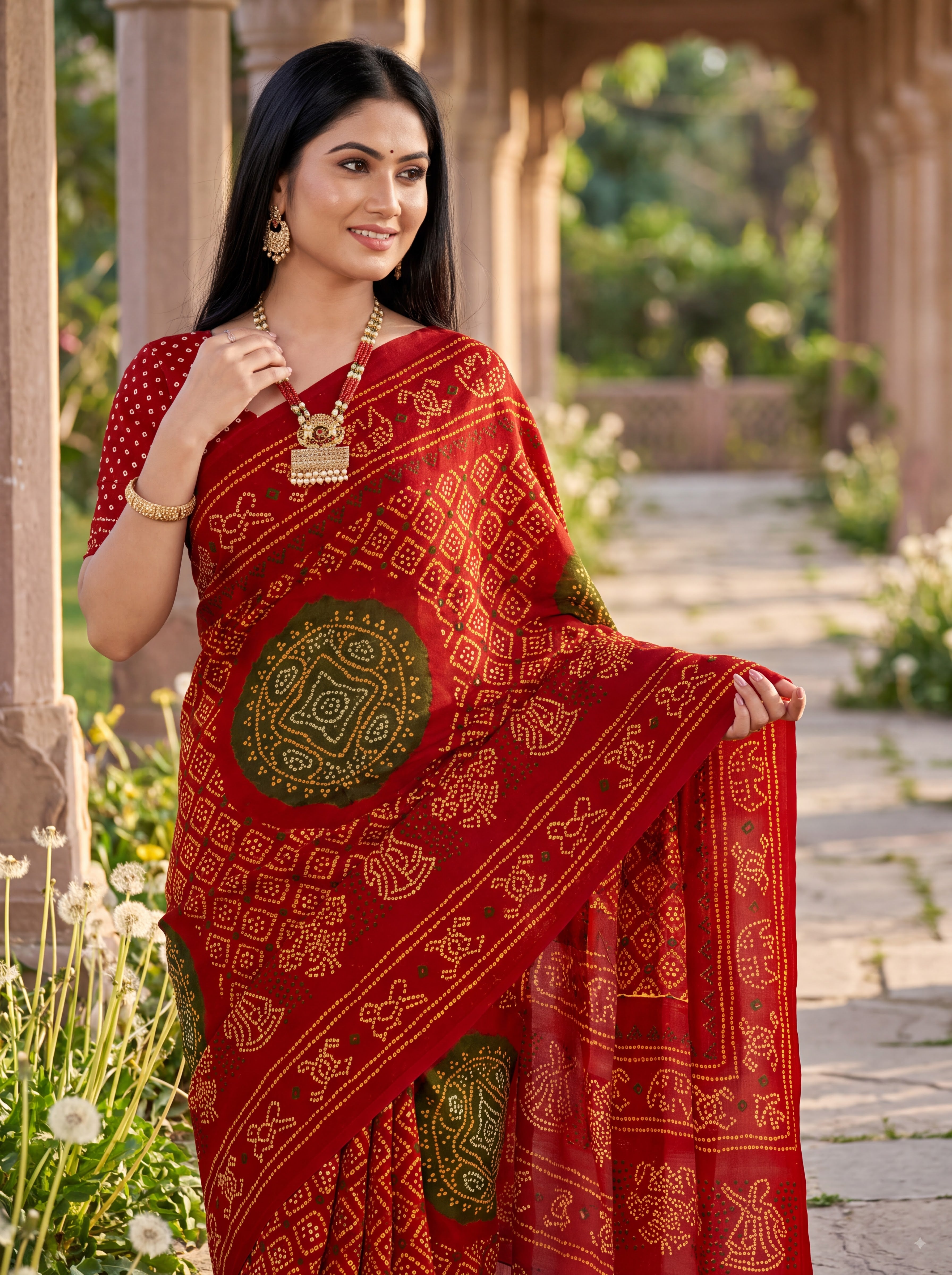 Rajratna Heritage Print Bandhani Red Color Saree