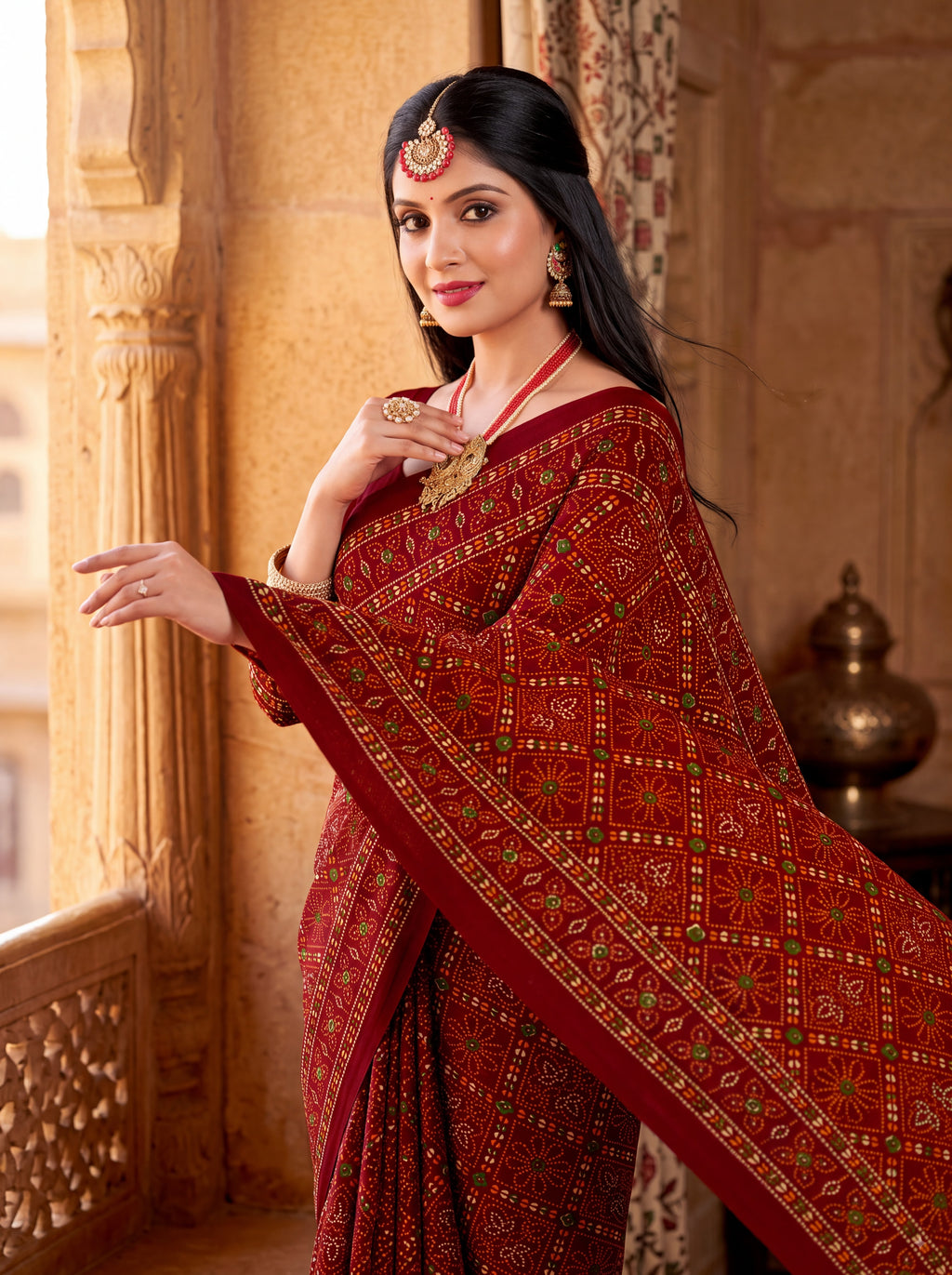 Raj Tilak Heritage Print Maroon Bandhani Saree