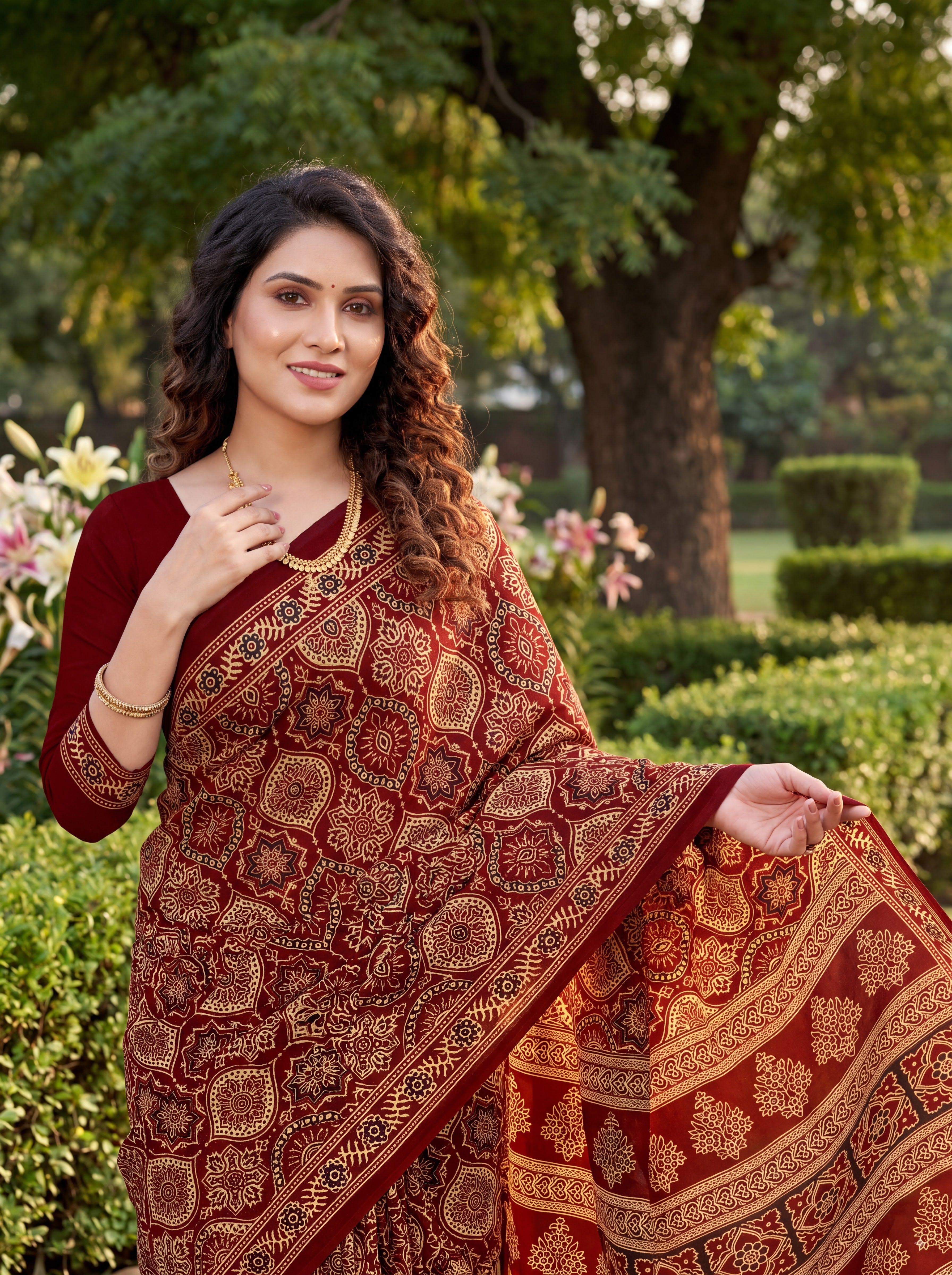 Roohi Heritage Print Maroon Color Ajrakh Saree