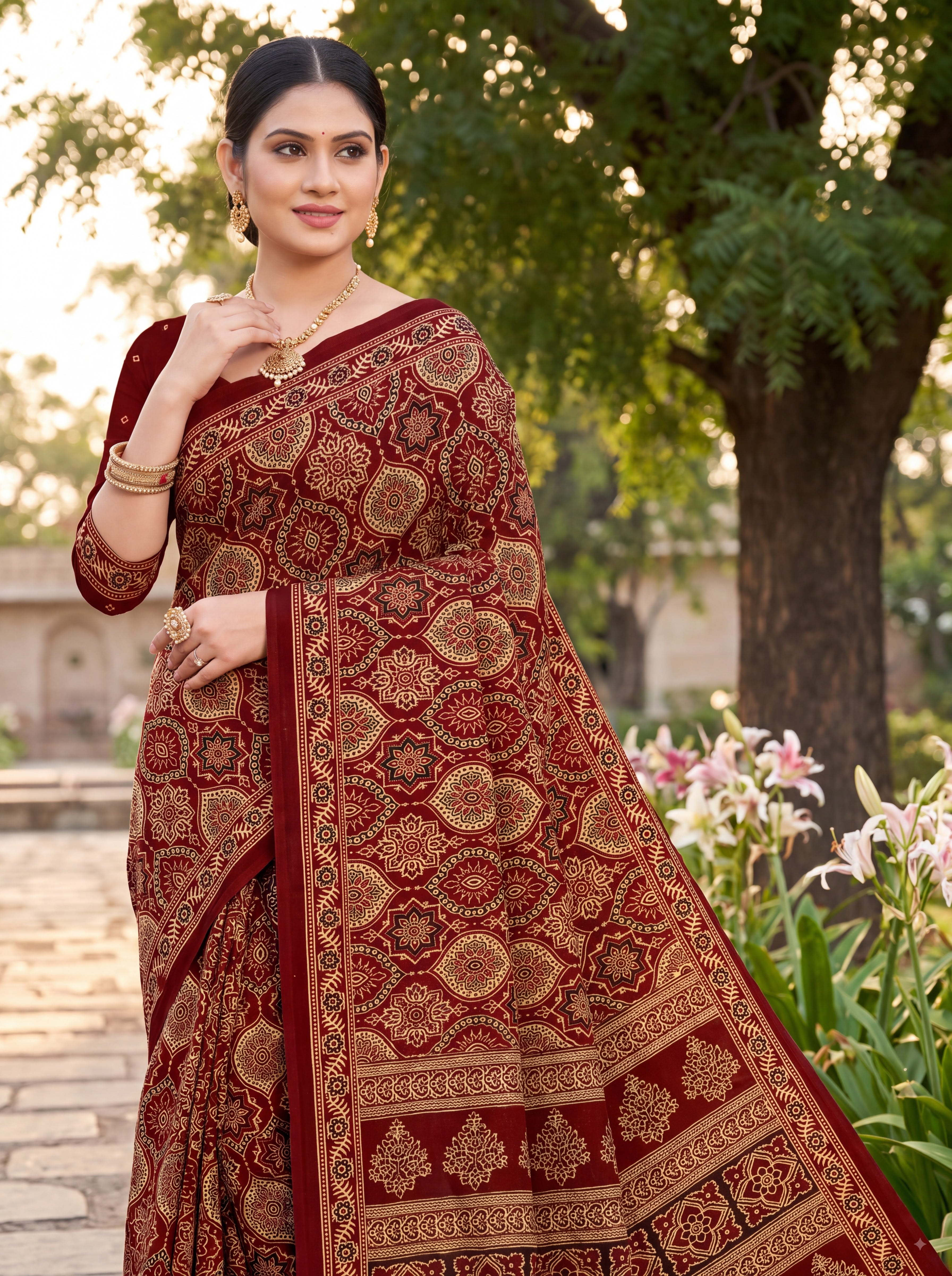 Roohi Heritage Print Maroon Color Ajrakh Saree
