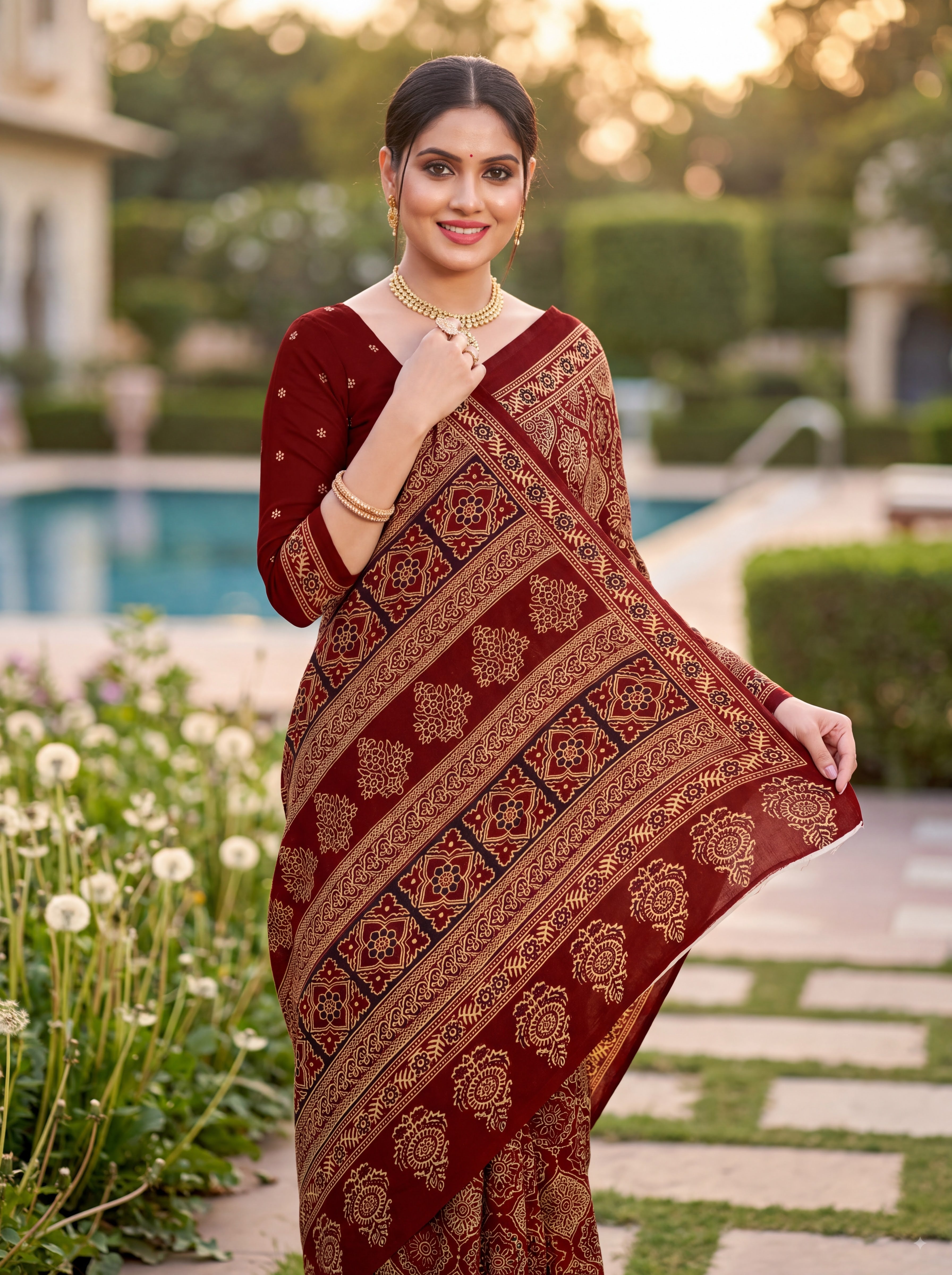 Roohi Heritage Print Maroon Color Ajrakh Saree