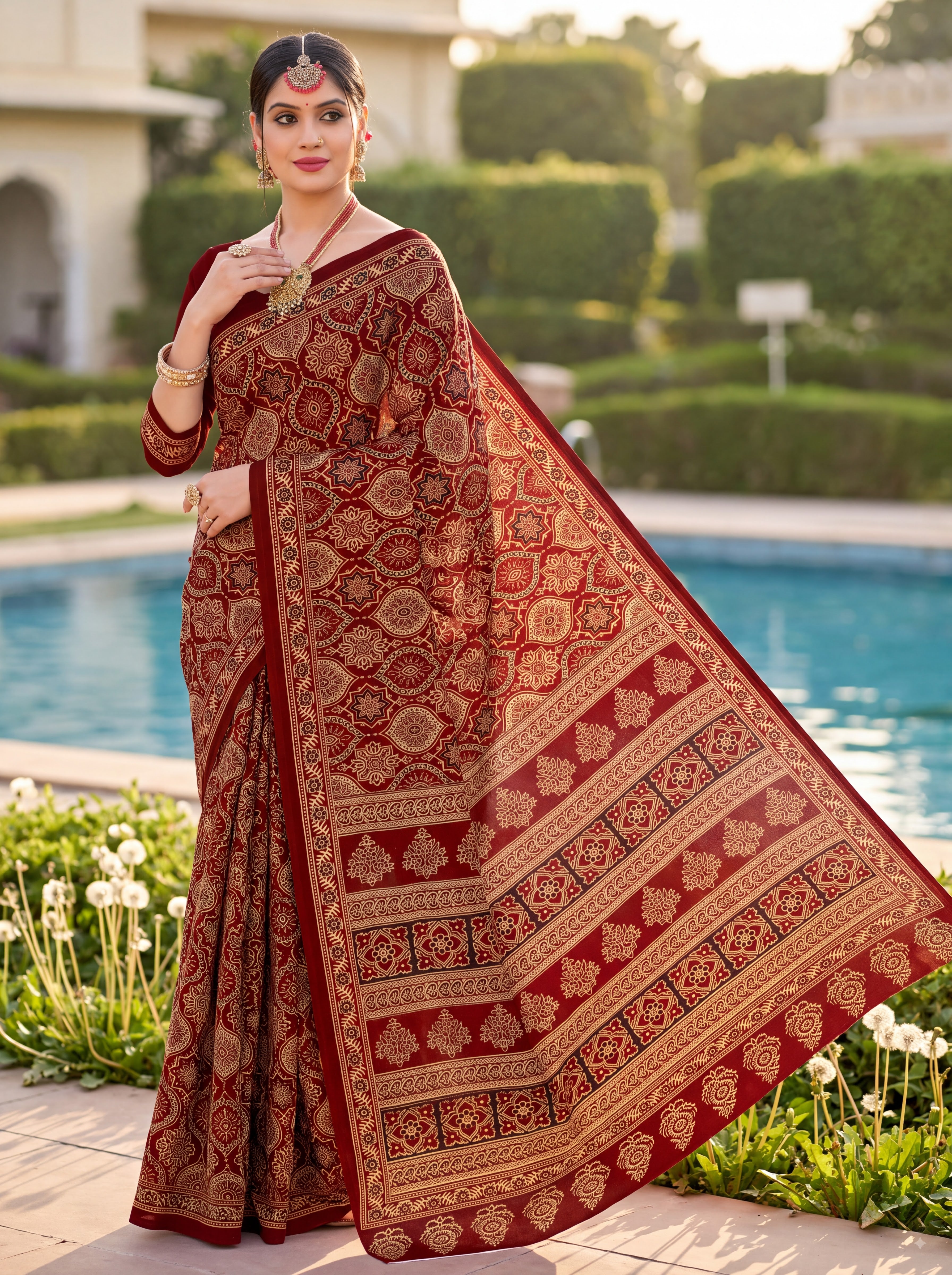 Roohi Heritage Print Maroon Color Ajrakh Saree