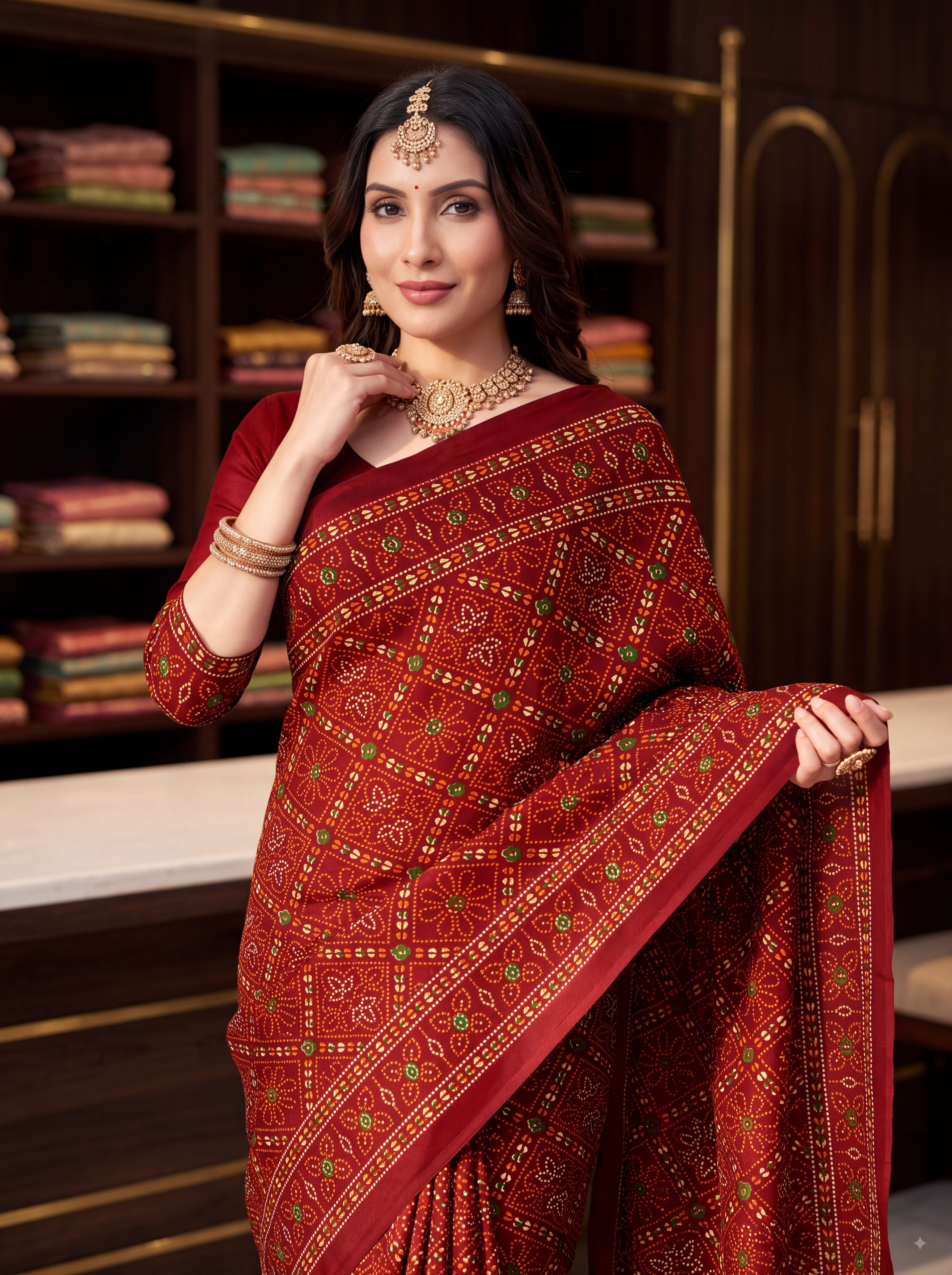 Raj Tilak Heritage Print Maroon Bandhani Saree
