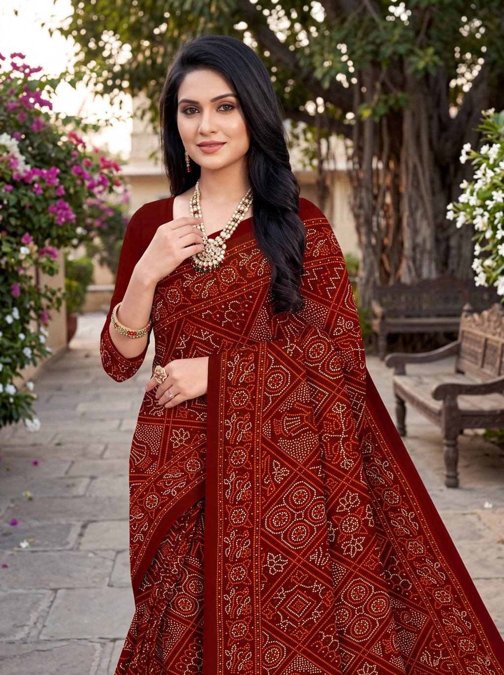 Maharani Heritage Print Maroon Bandhani Saree