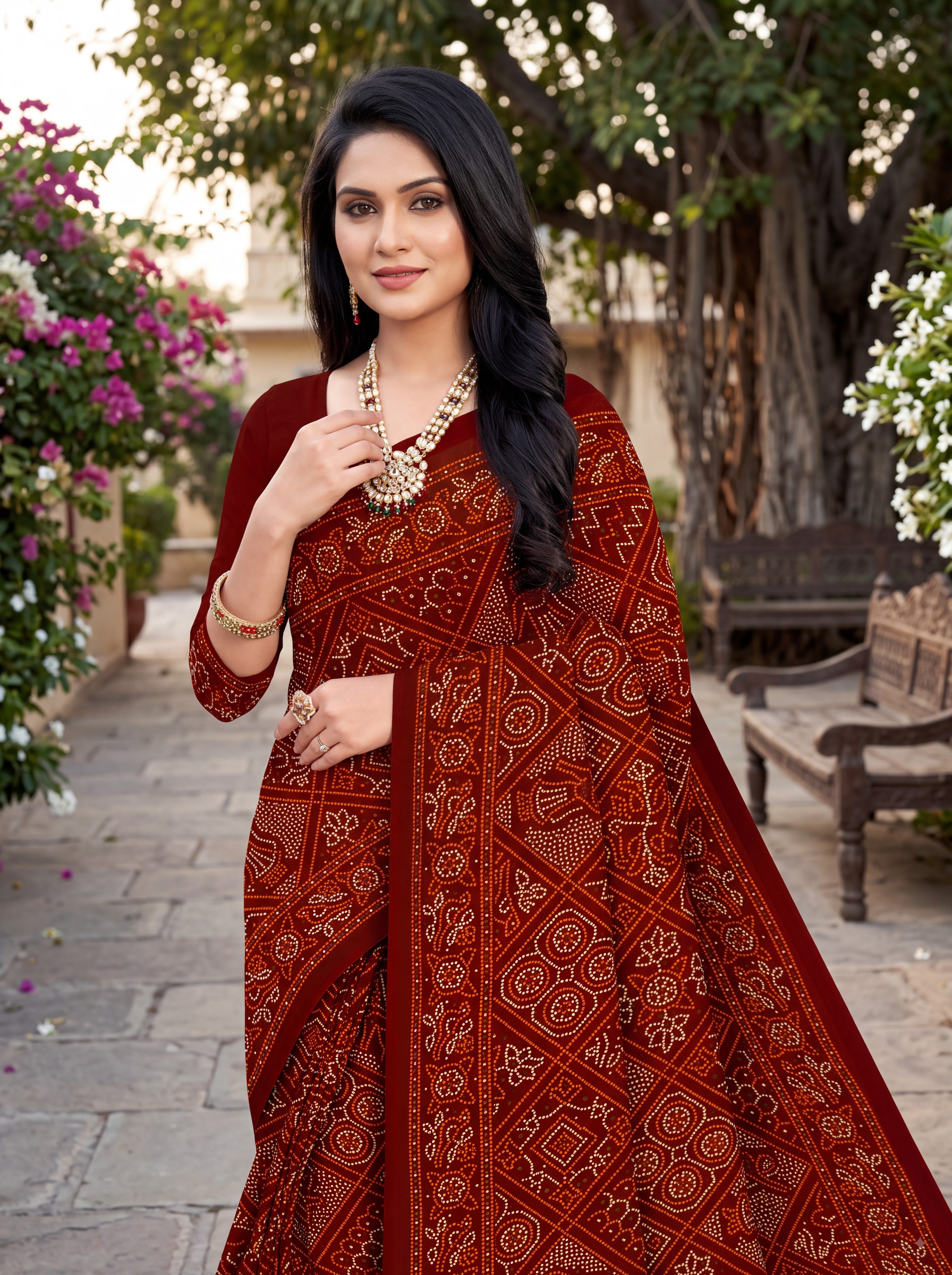 Maharani Heritage Print Maroon Bandhani Saree
