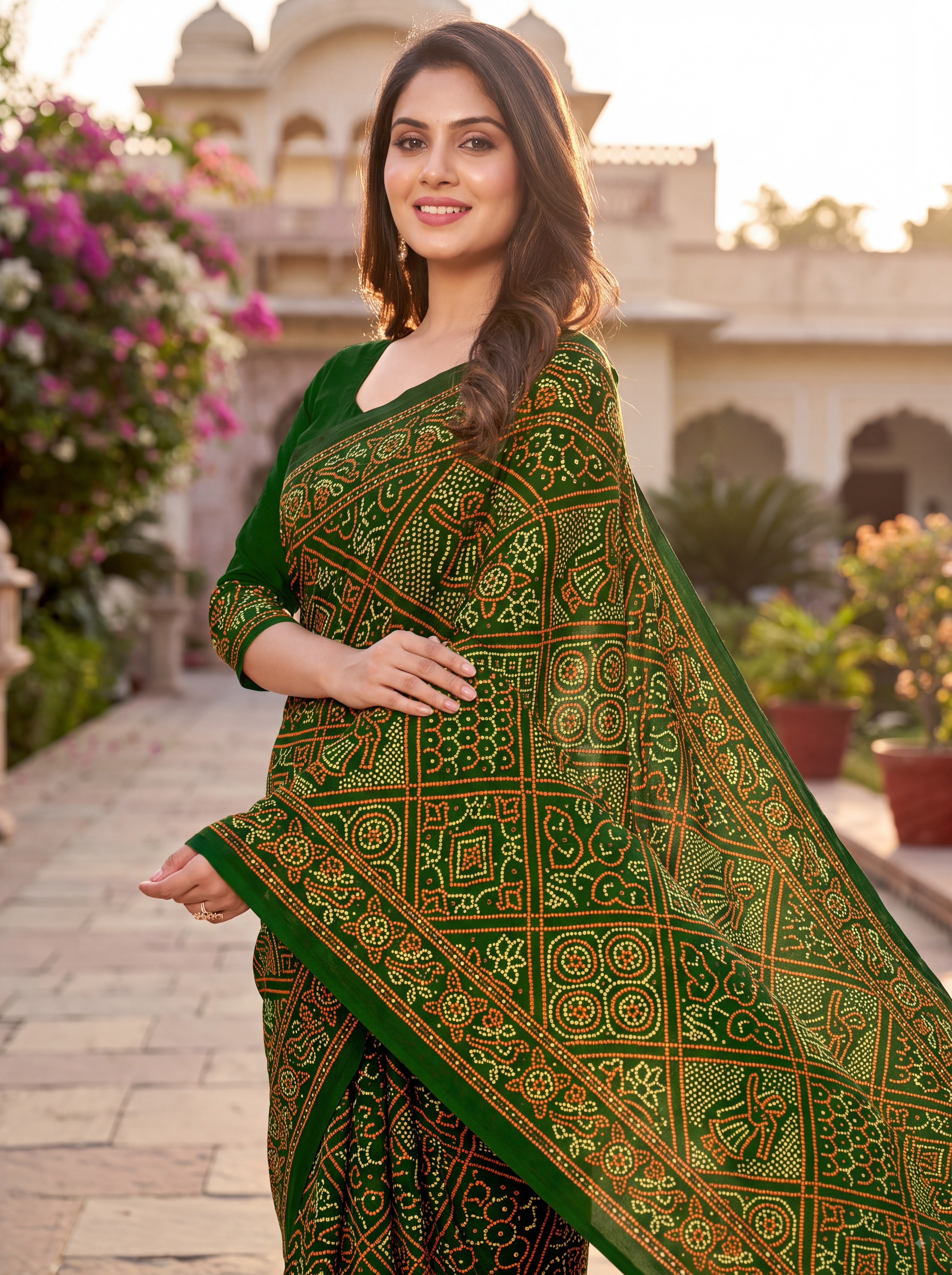 Maharani Heritage Print Green Bandhani Saree