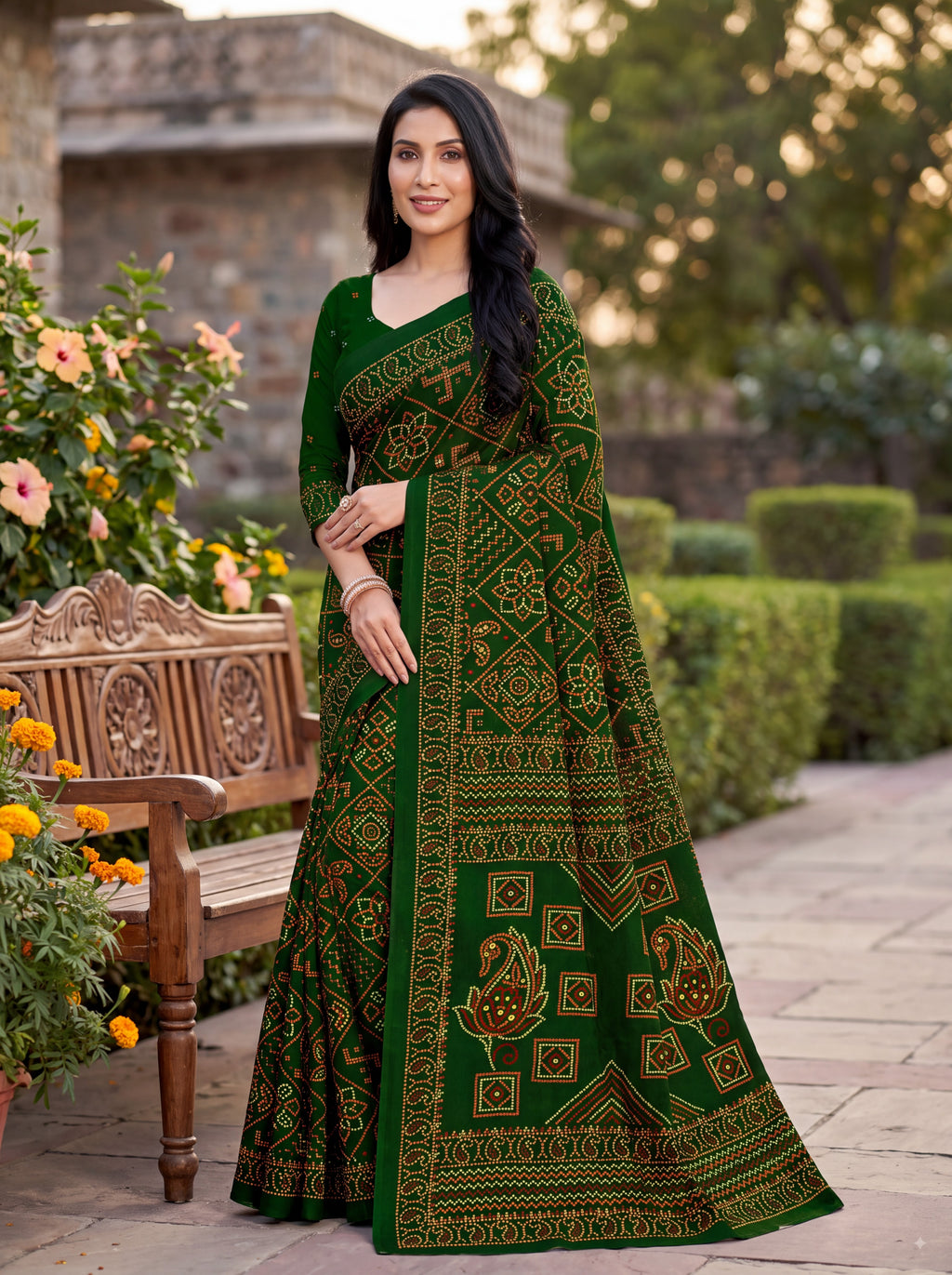 Padmavati Heritage Print Green Bandhani Saree