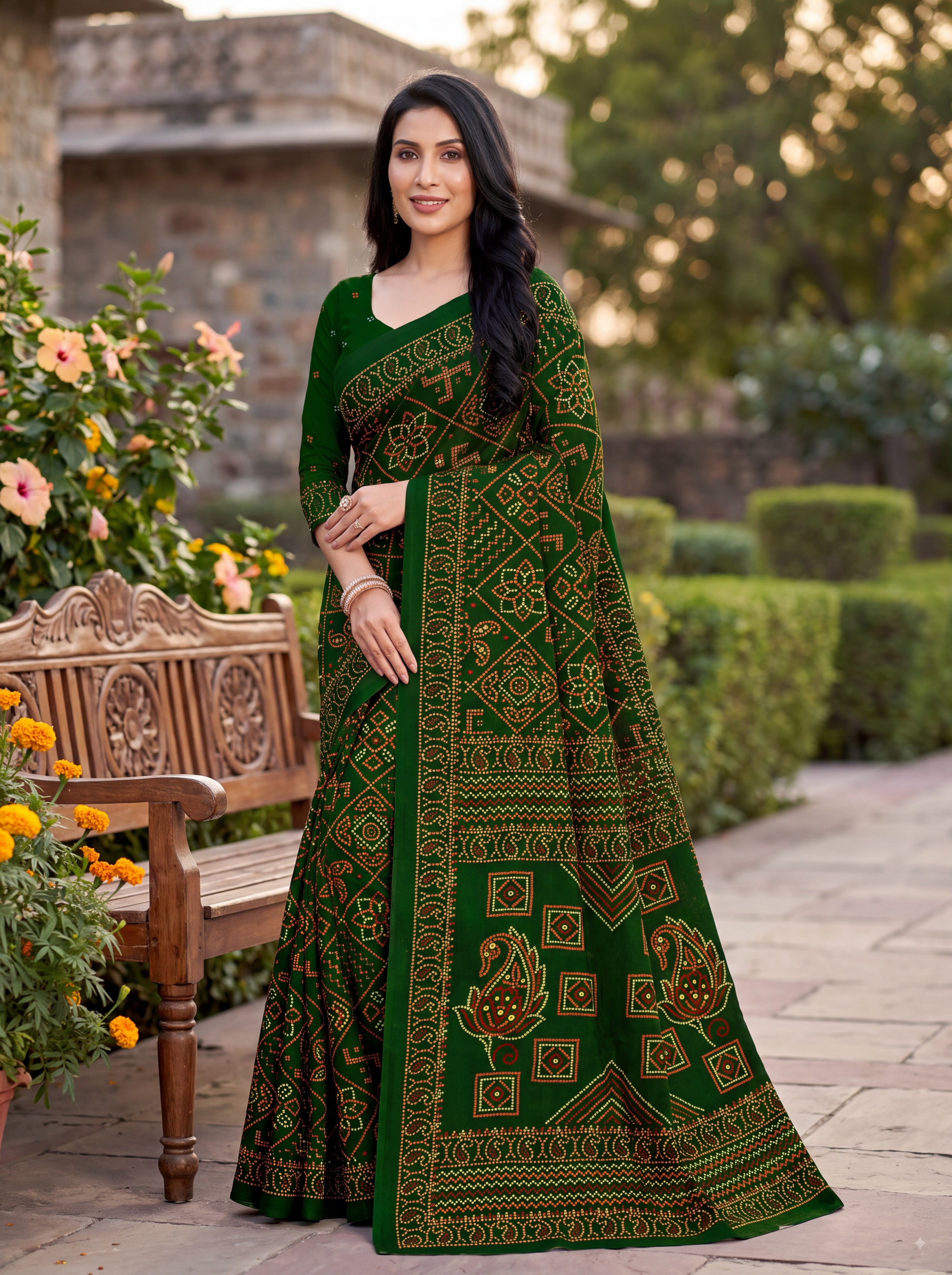 Padmavati Heritage Print Green Bandhani Saree
