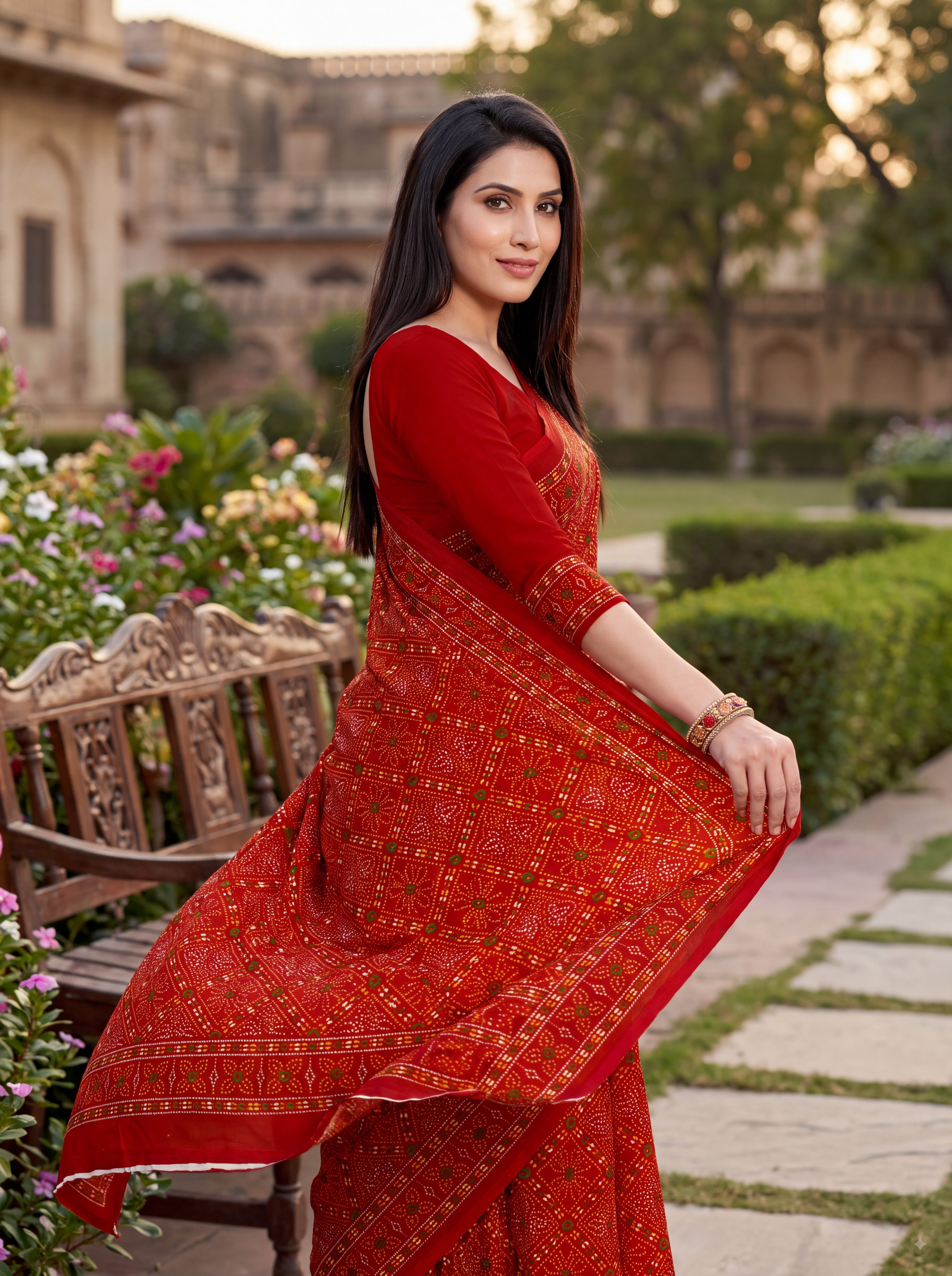 Raj Tilak Heritage Print Red Bandhani Saree