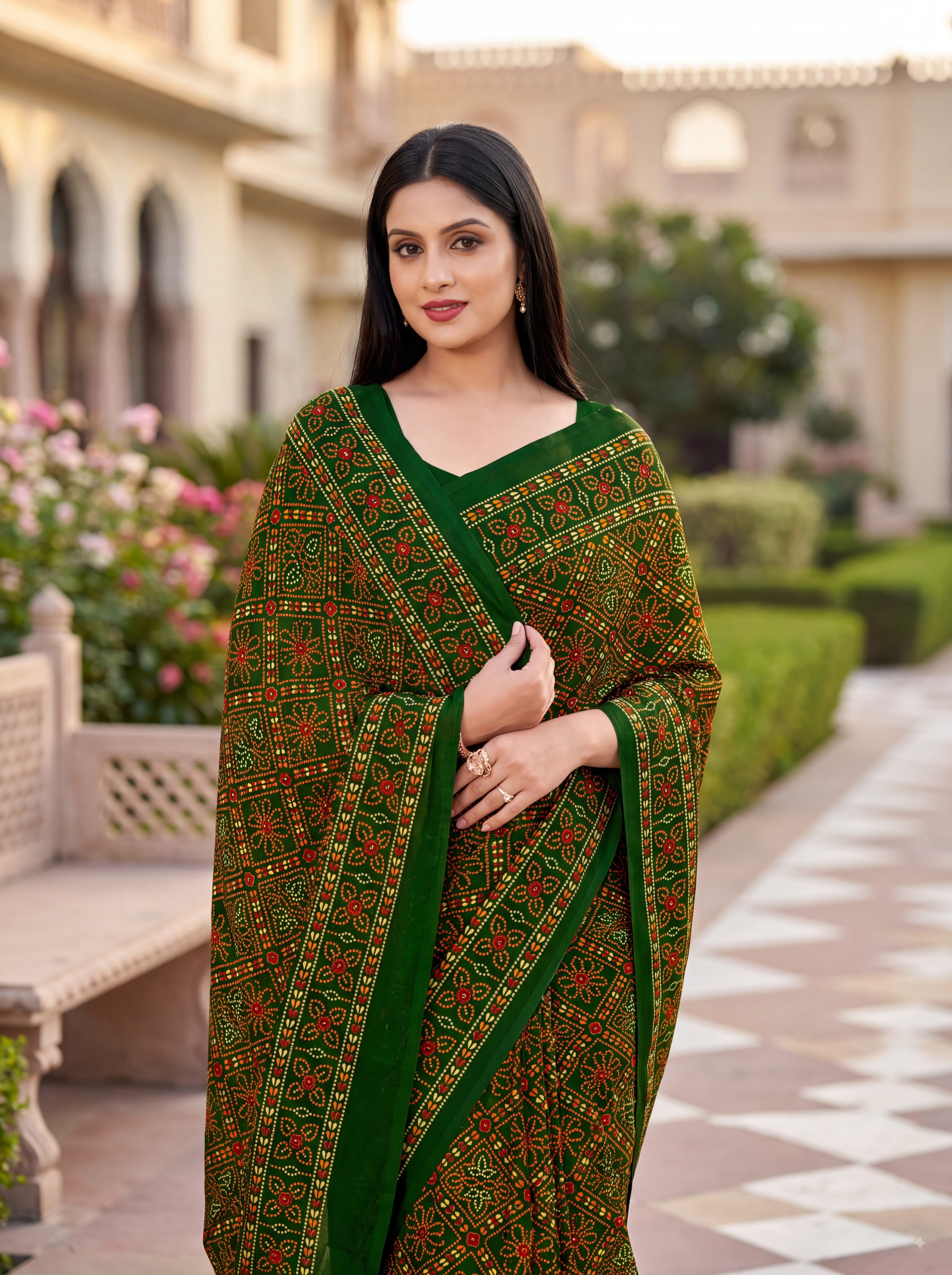 Raj Tilak Heritage Print Green Bandhani Saree