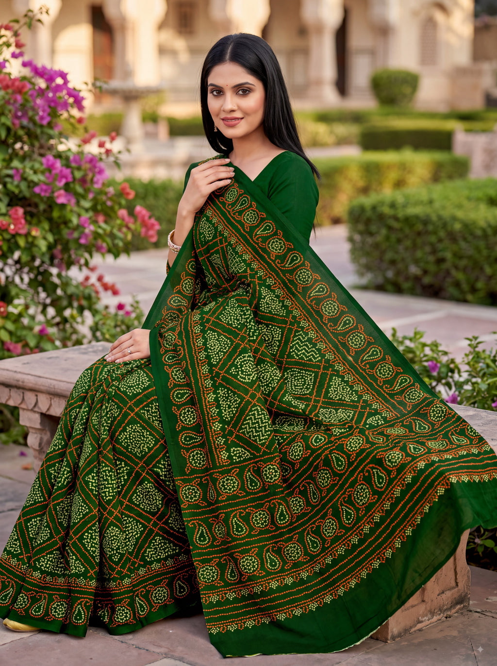 Raj Vaibhav Heritage Print Green Bandhani Saree