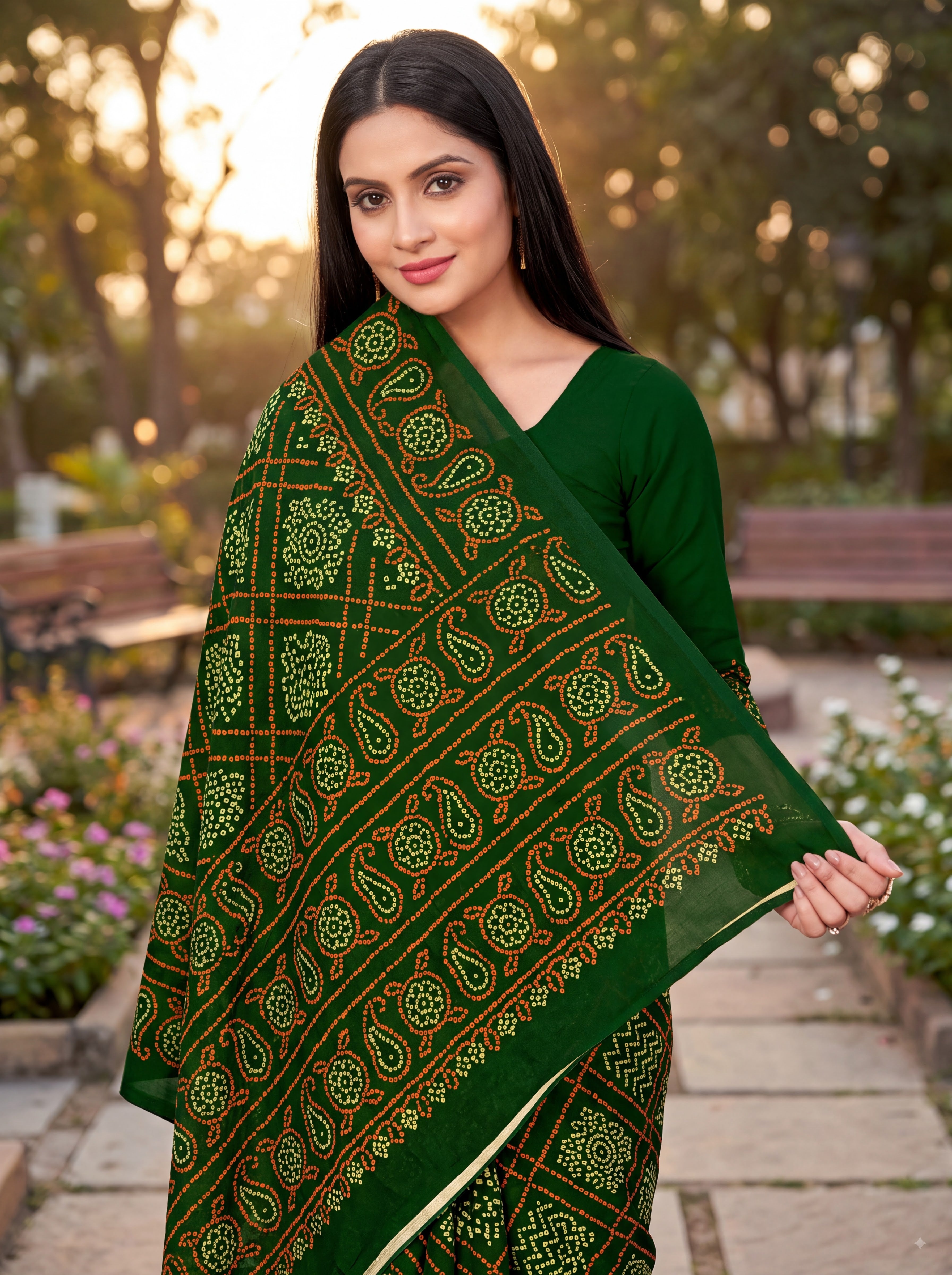 Raj Vaibhav Heritage Print Green Bandhani Saree
