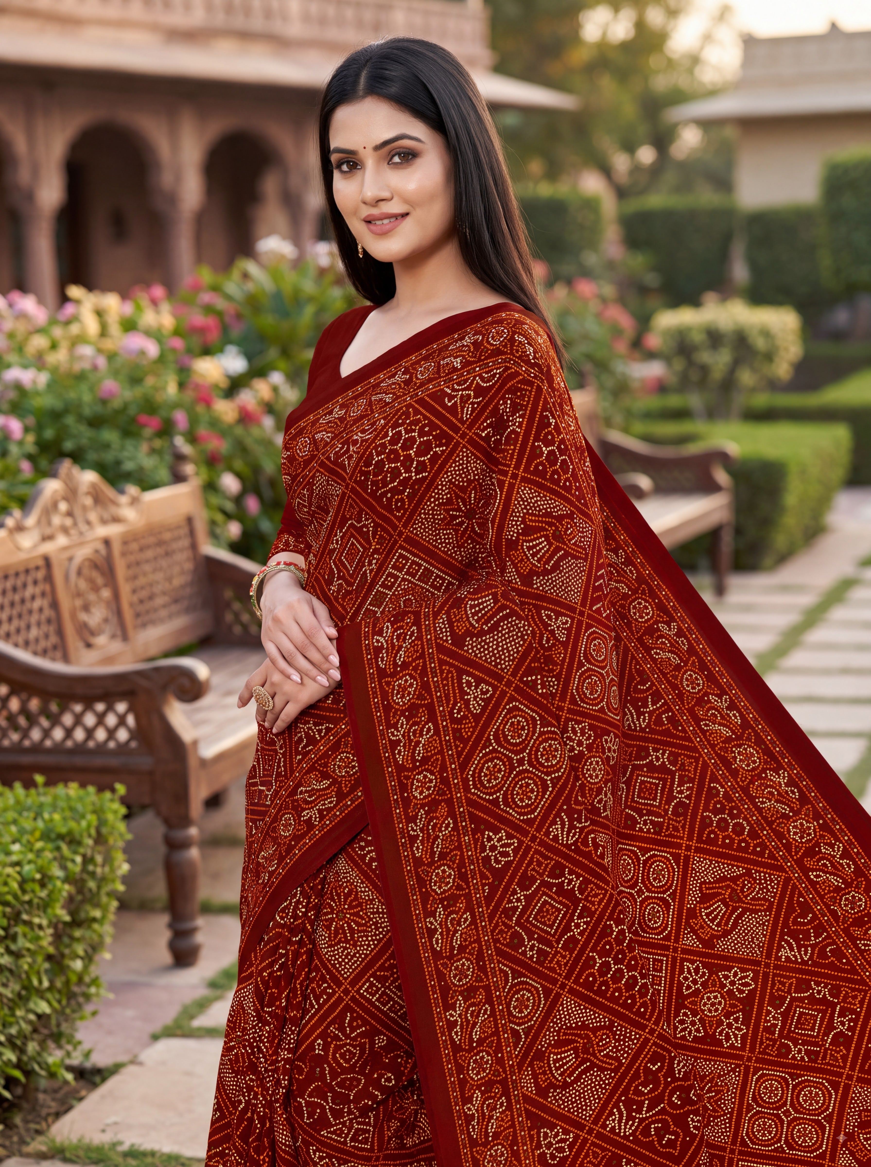 Maharani Heritage Print Maroon Bandhani Saree