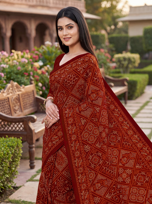 Maharani Heritage Print Maroon Bandhani Saree