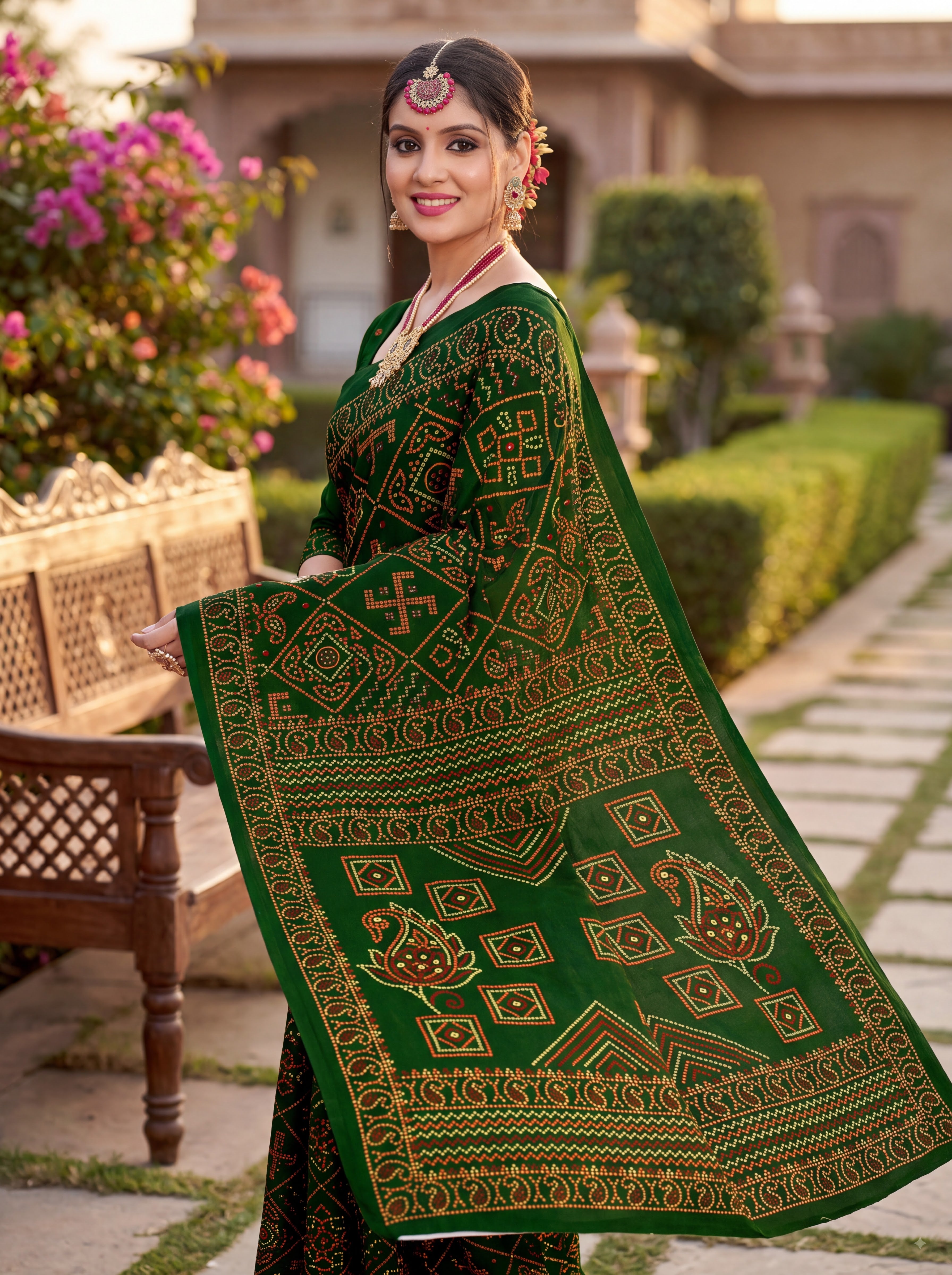 Padmavati Heritage Print Green Bandhani Saree