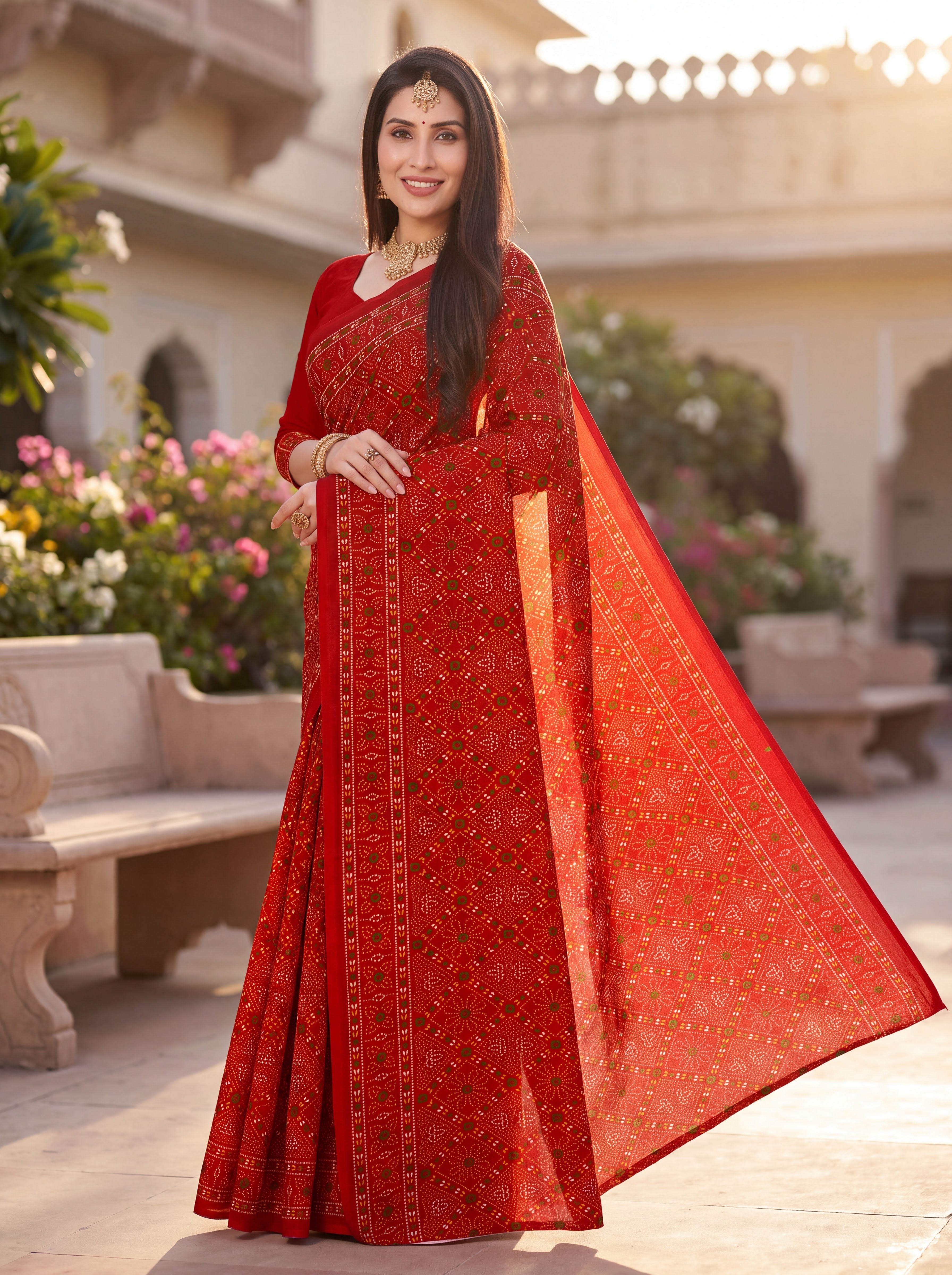 Raj Tilak Heritage Print Red Bandhani Saree