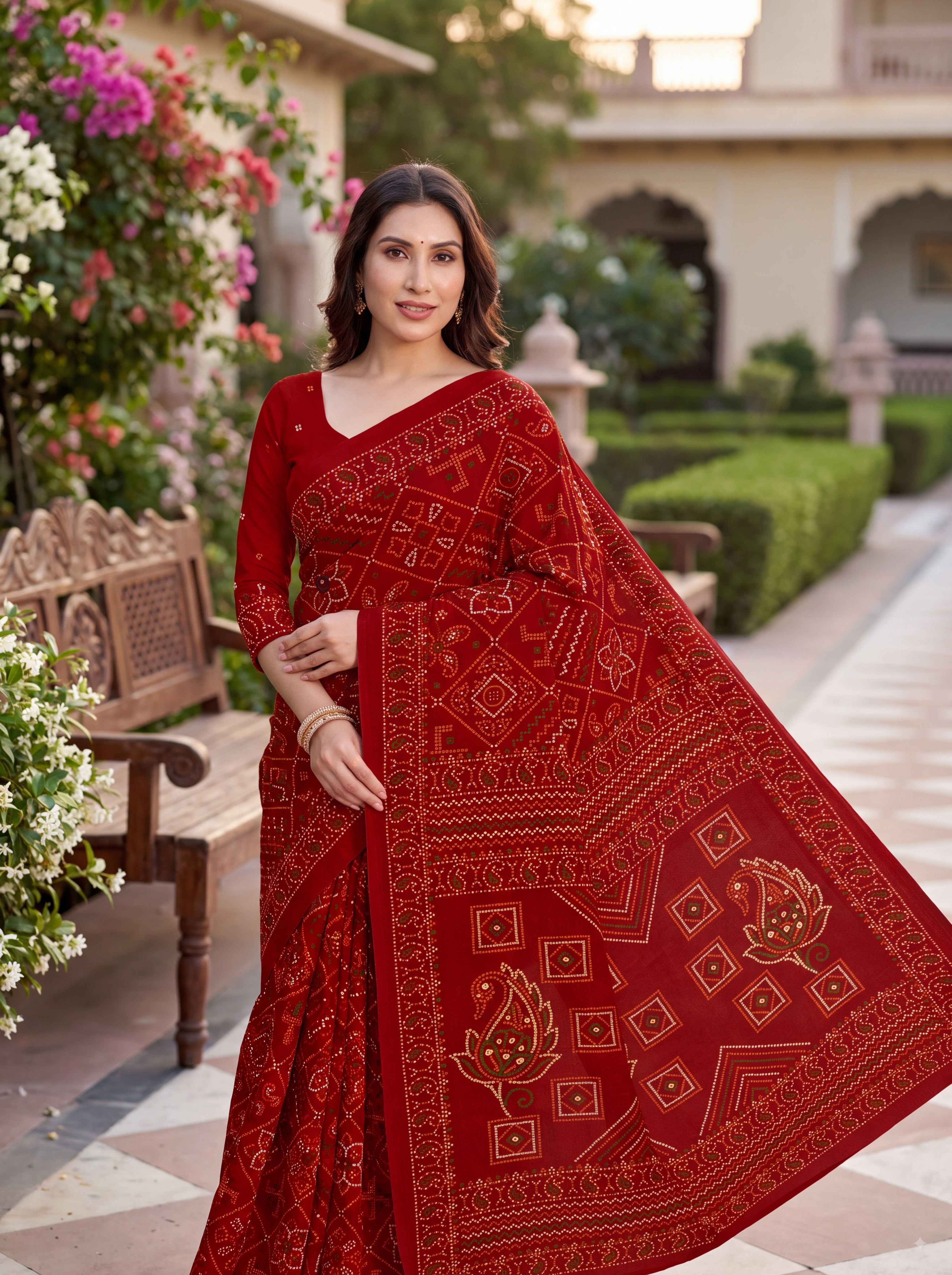 Padmavati Heritage Print Red Bandhani Saree