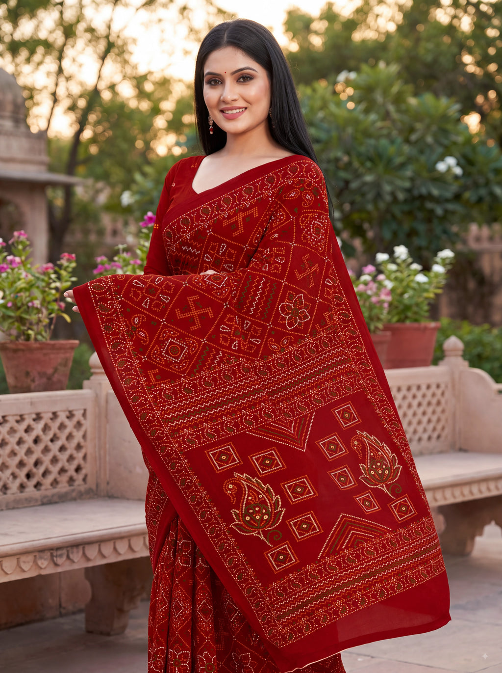 Padmavati Heritage Print Red Bandhani Saree