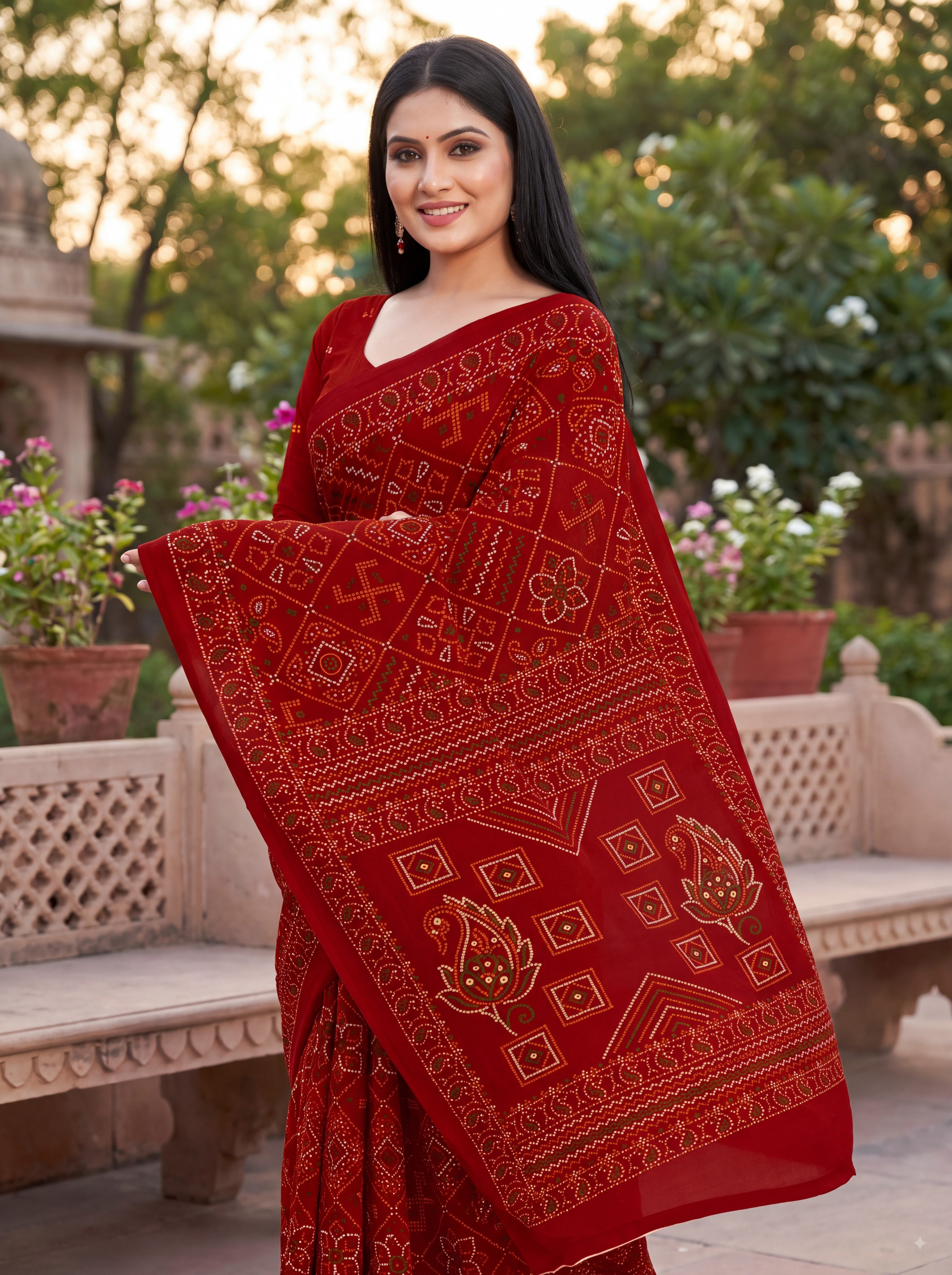 Padmavati Heritage Print Red Bandhani Saree