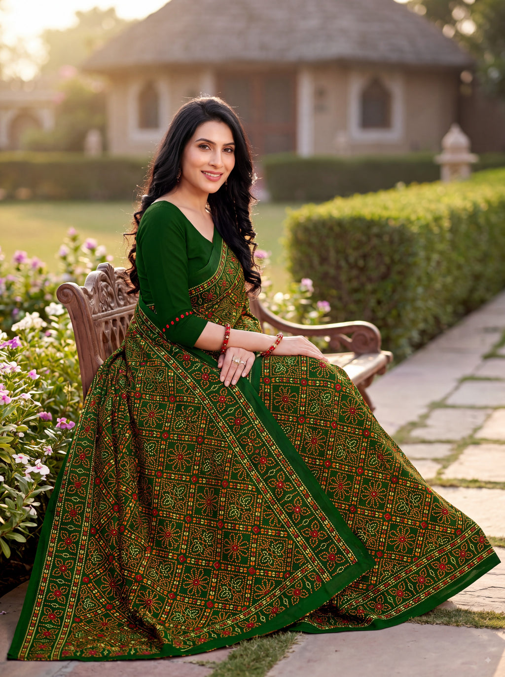 Raj Tilak Heritage Print Green Bandhani Saree