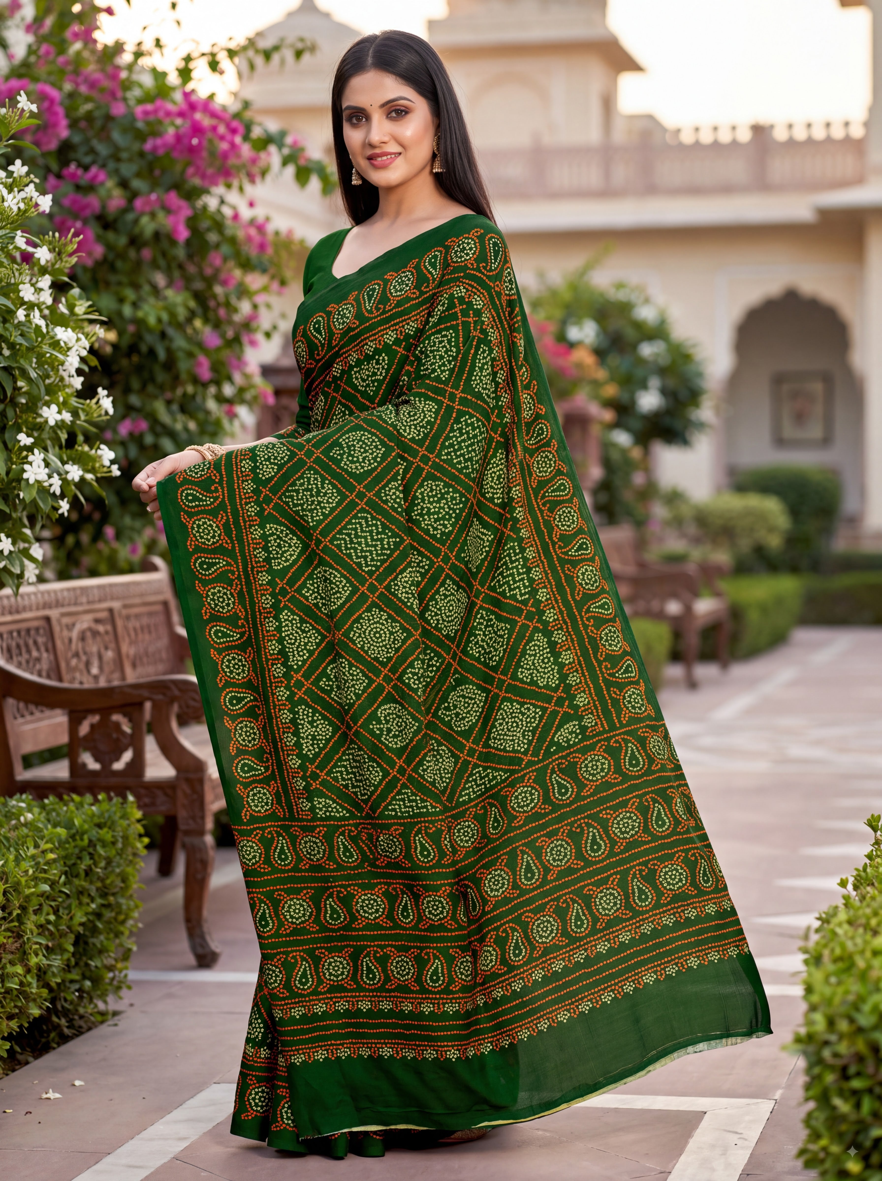 Raj Vaibhav Heritage Print Green Bandhani Saree