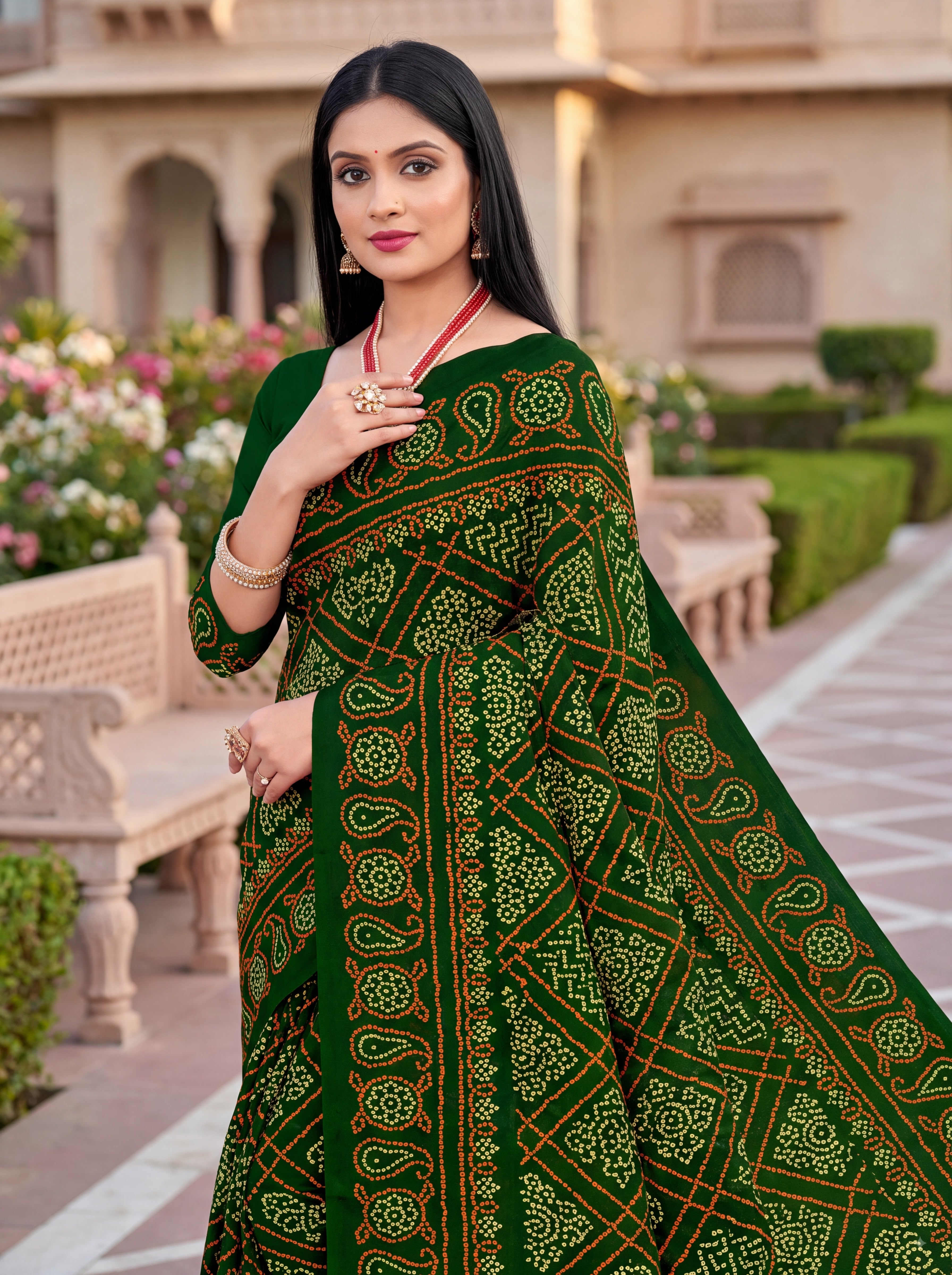 Raj Vaibhav Heritage Print Green Bandhani Saree