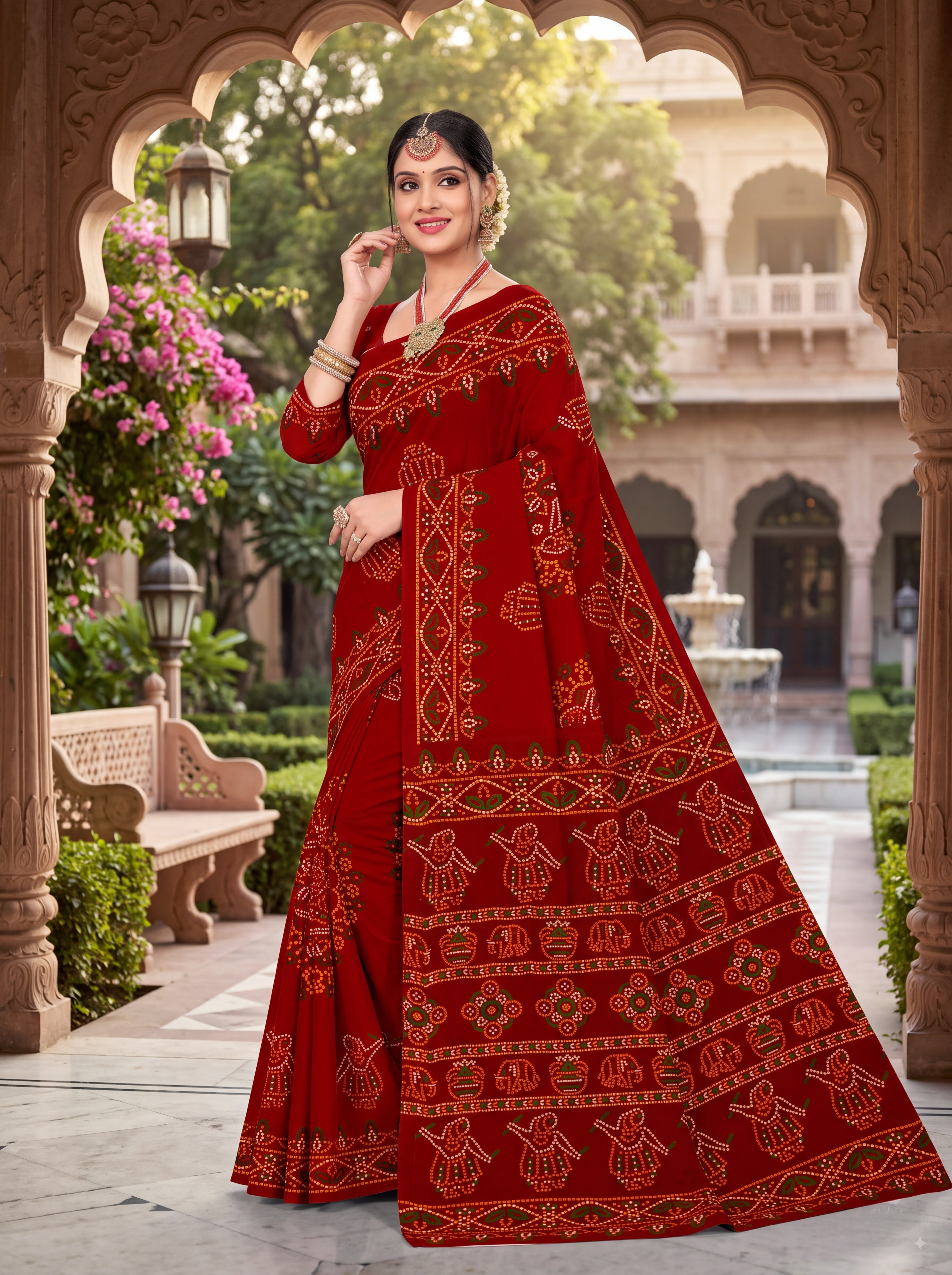 Rasmandala Heritage Print Red Color Bandhani Saree