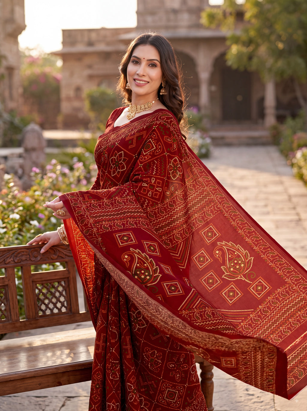 Padmavati Heritage Print Maroon Bandhani Saree