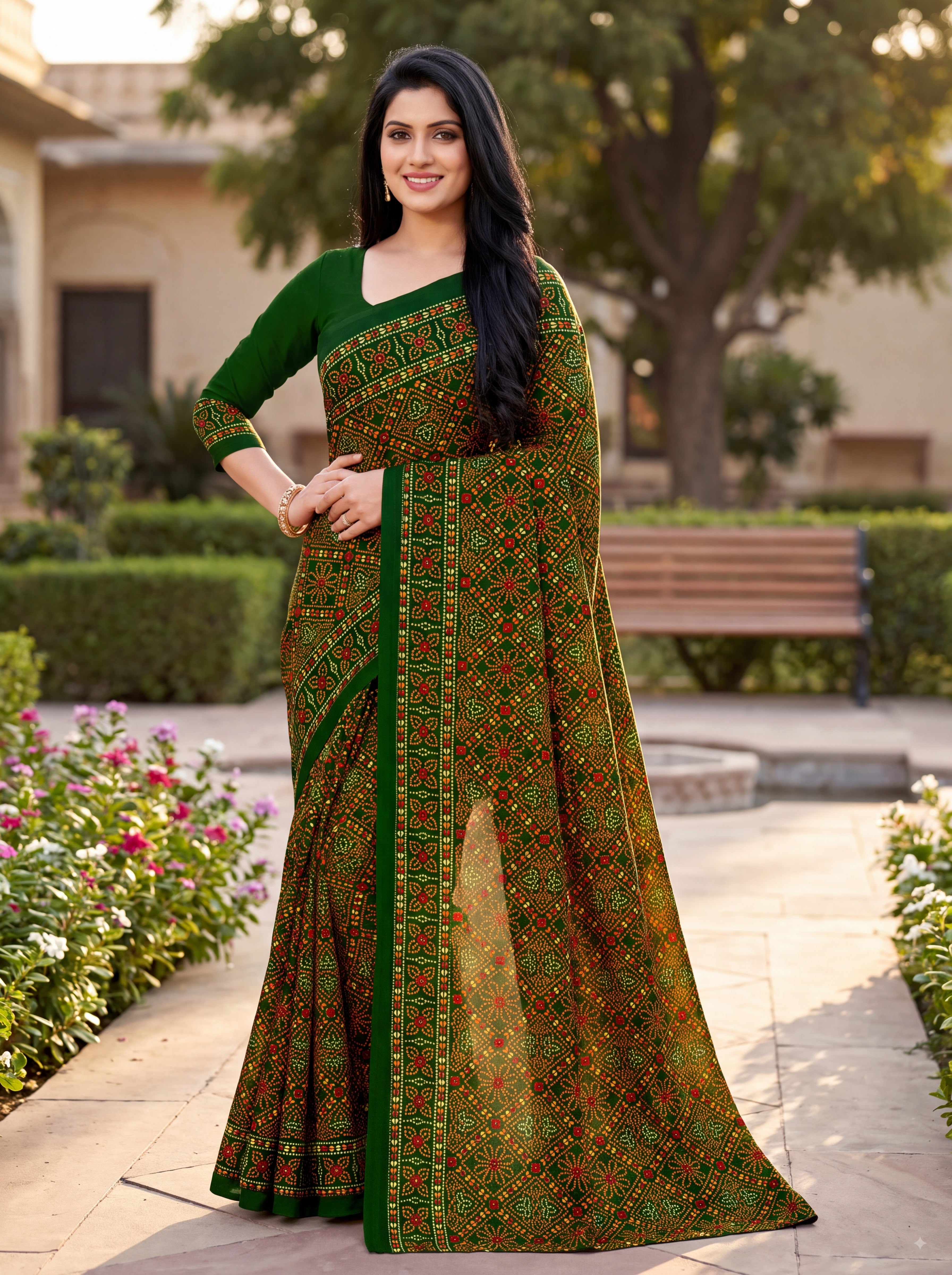 Raj Tilak Heritage Print Green Bandhani Saree