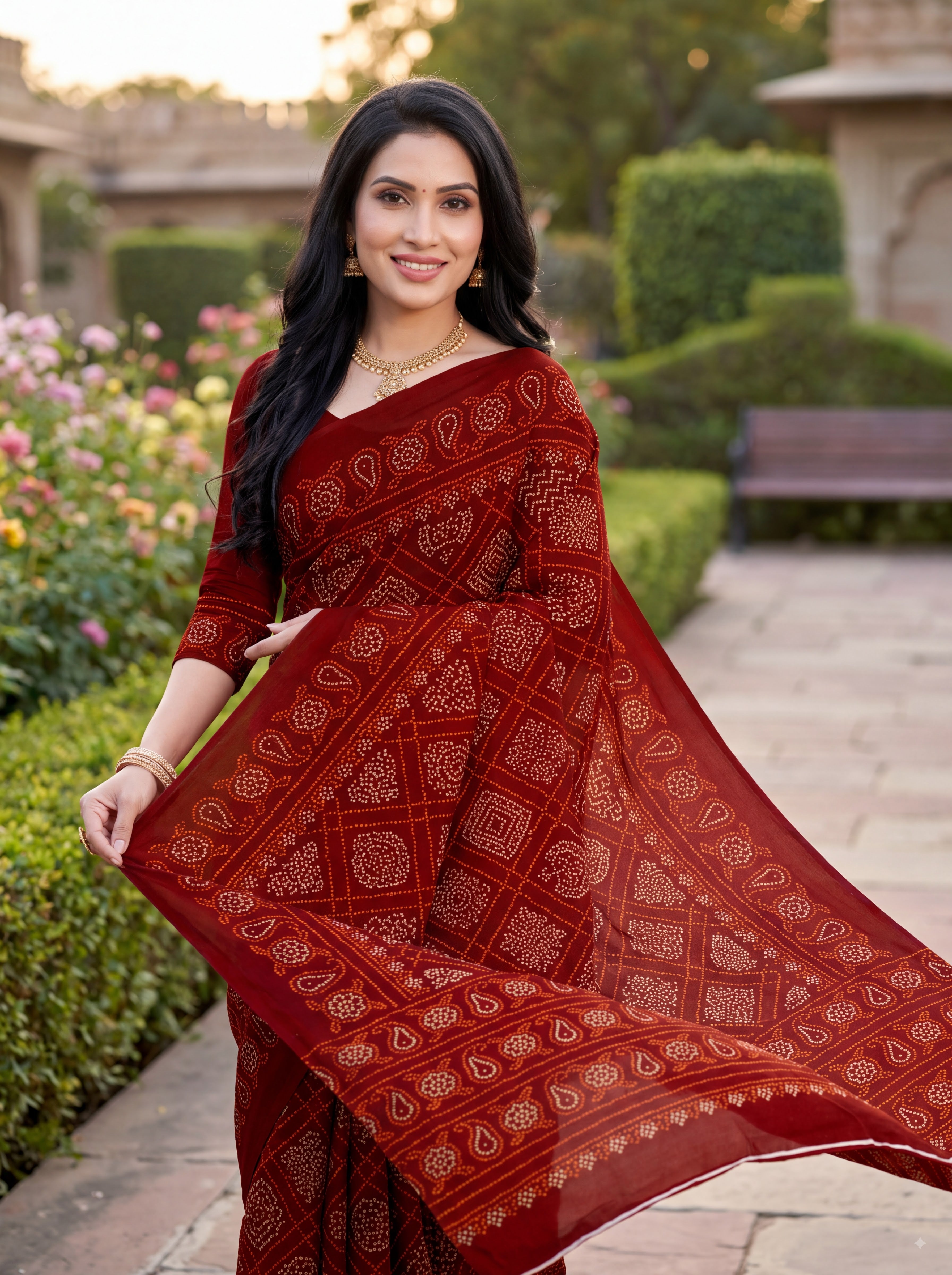 Raj Vaibhav Heritage Print Maroon Bandhani Saree
