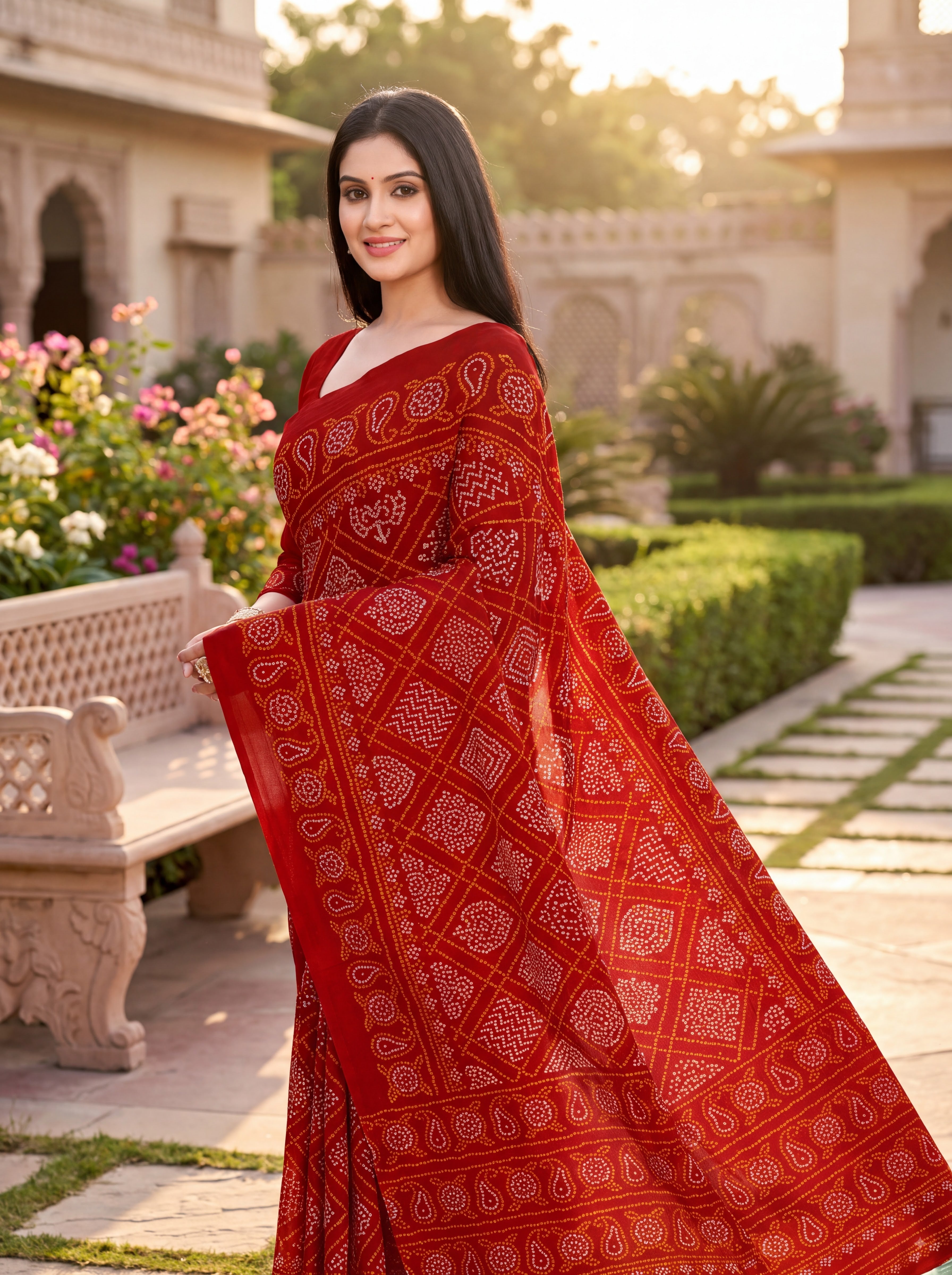 Raj Vaibhav Heritage Print Red Bandhani Saree