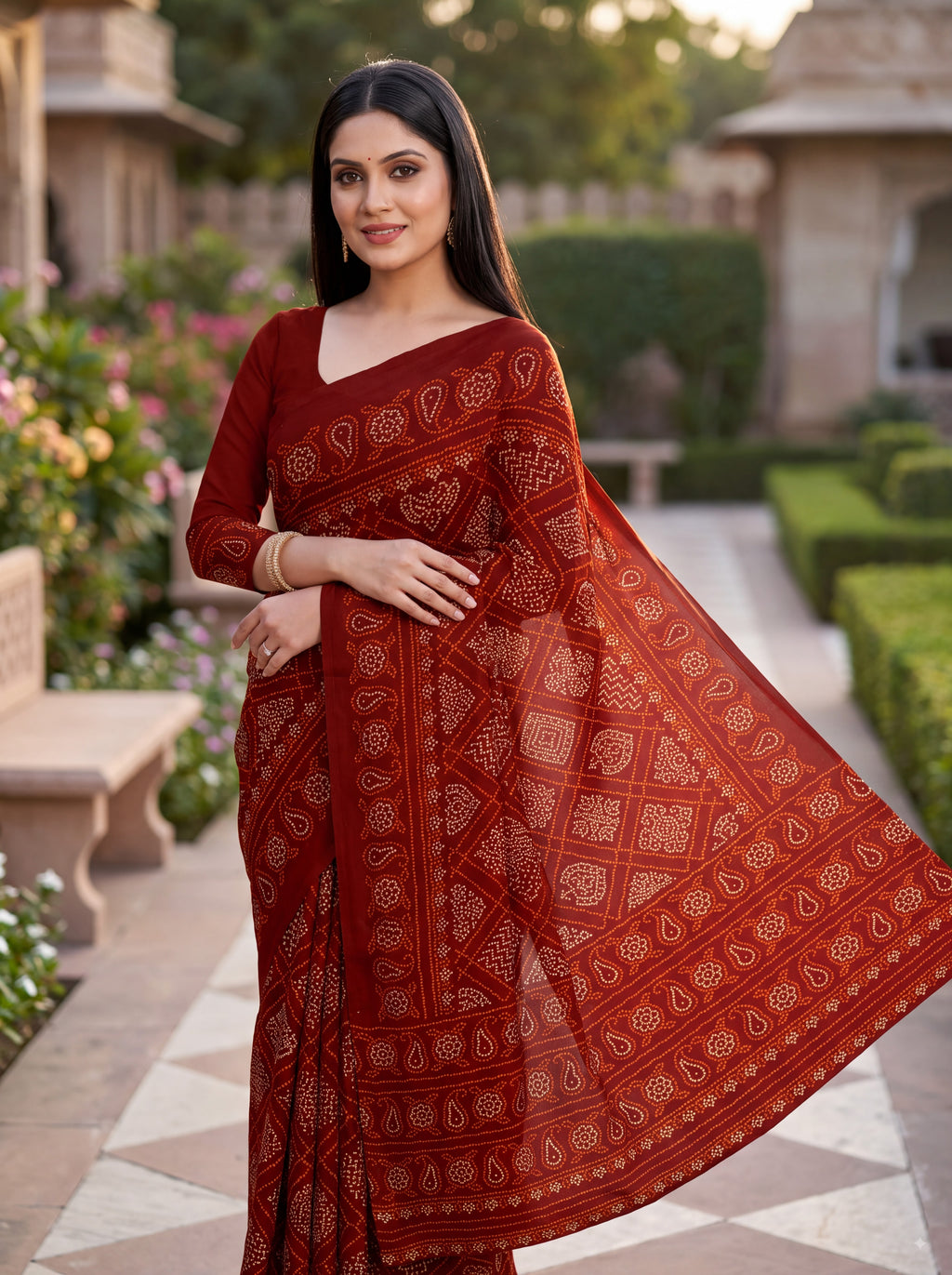Raj Vaibhav Heritage Print Maroon Bandhani Saree