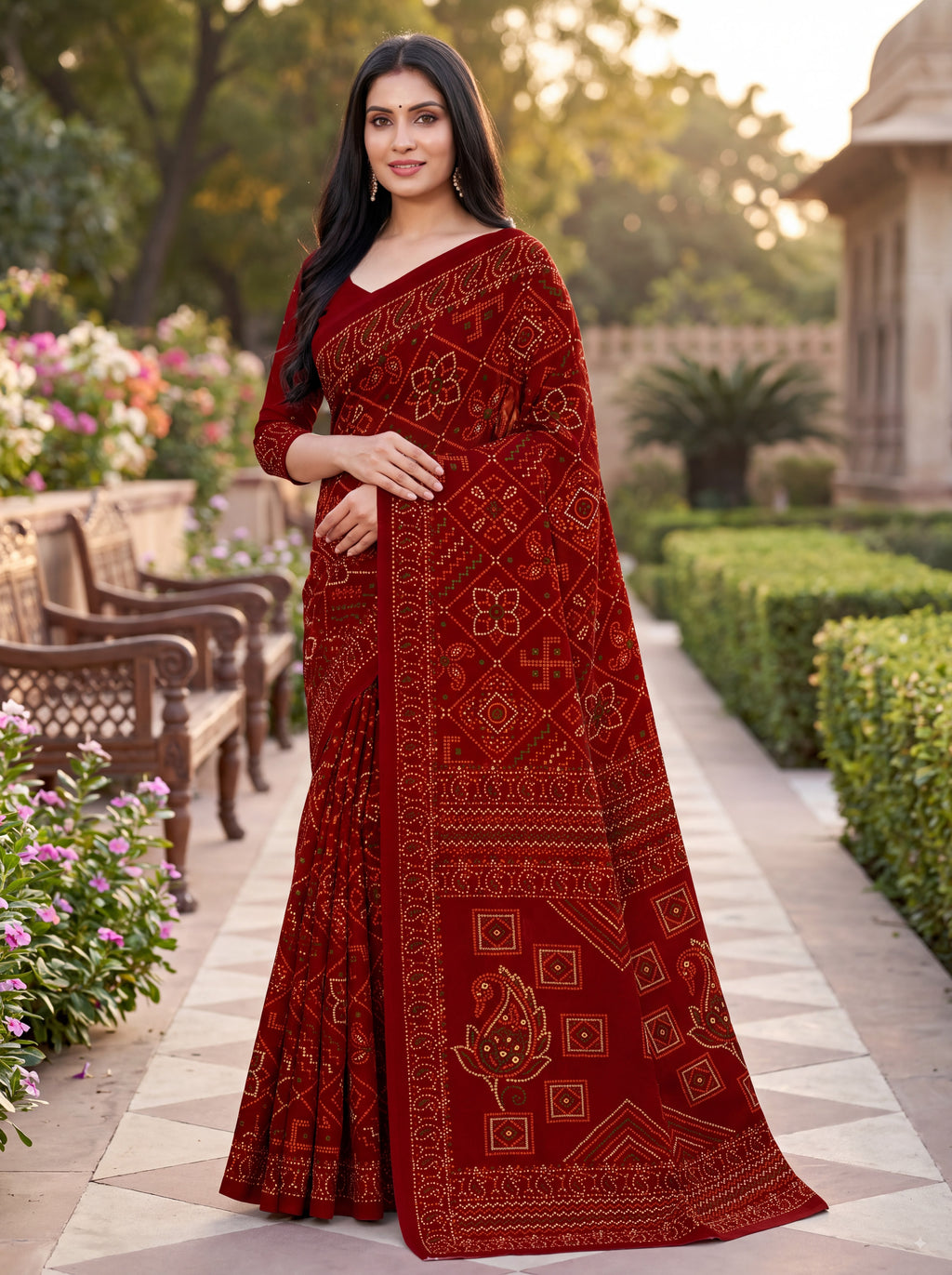 Padmavati Heritage Print Maroon Bandhani Saree