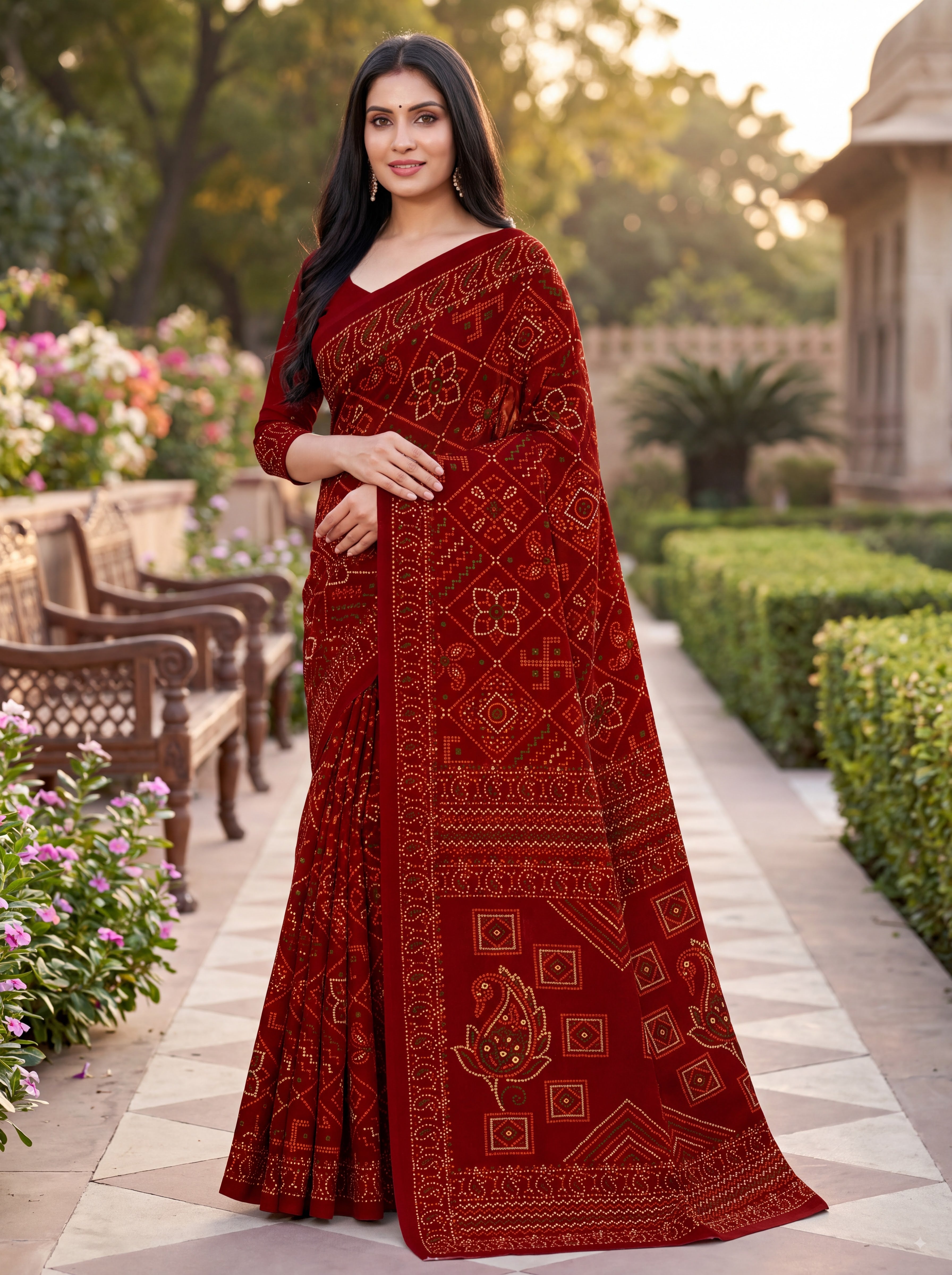 Padmavati Heritage Print Maroon Bandhani Saree