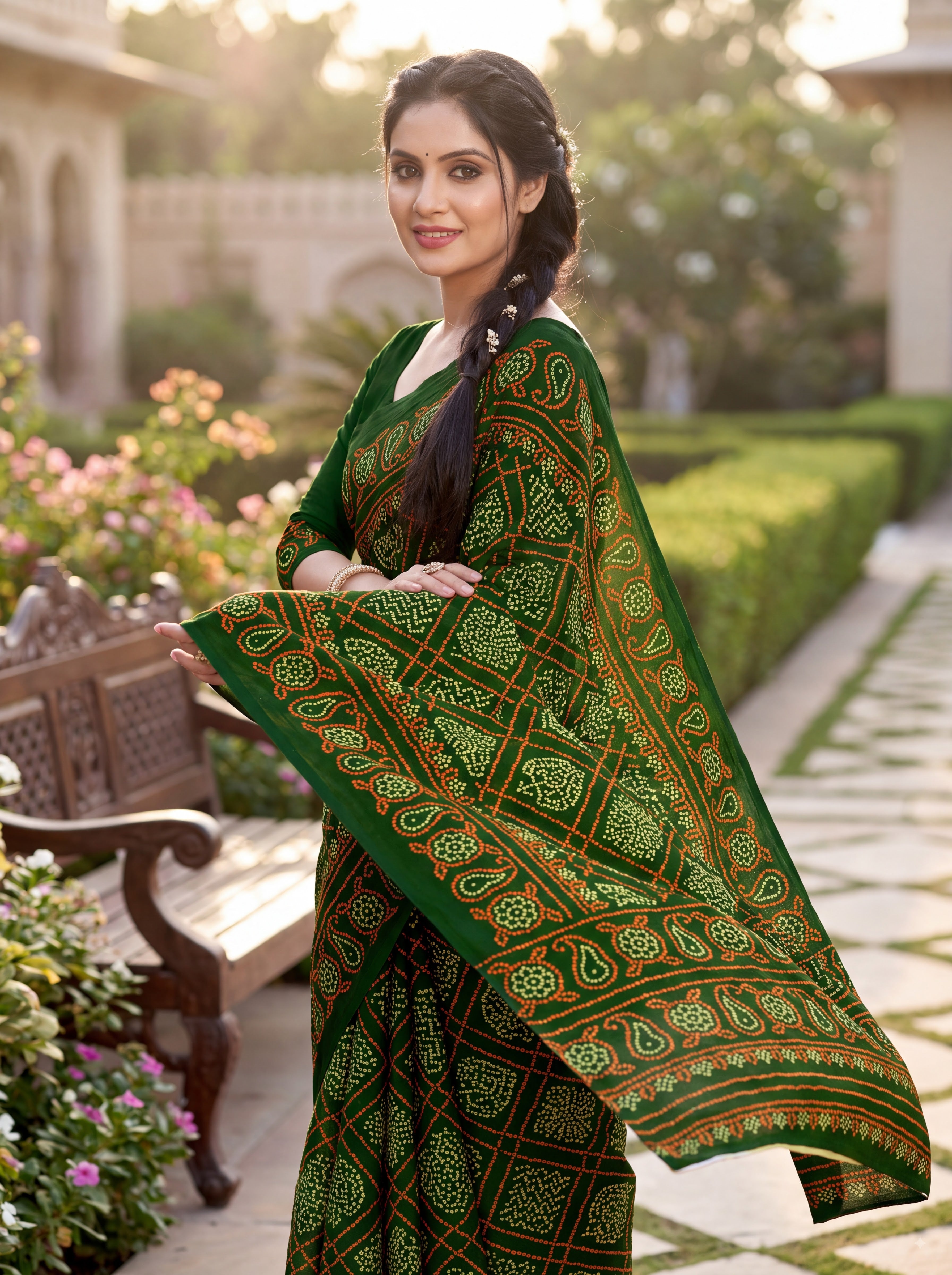 Raj Vaibhav Heritage Print Green Bandhani Saree