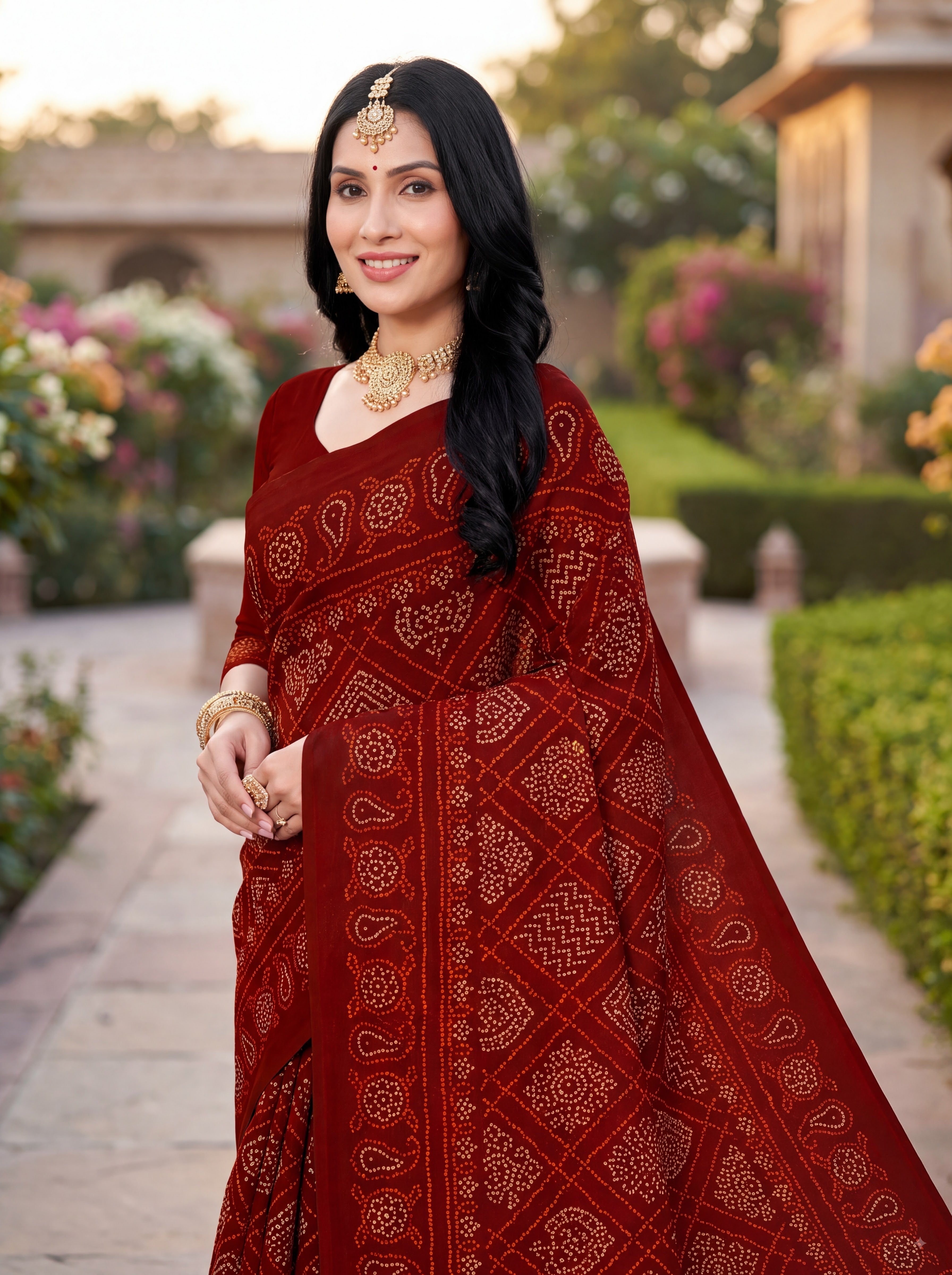 Raj Vaibhav Heritage Print Maroon Bandhani Saree