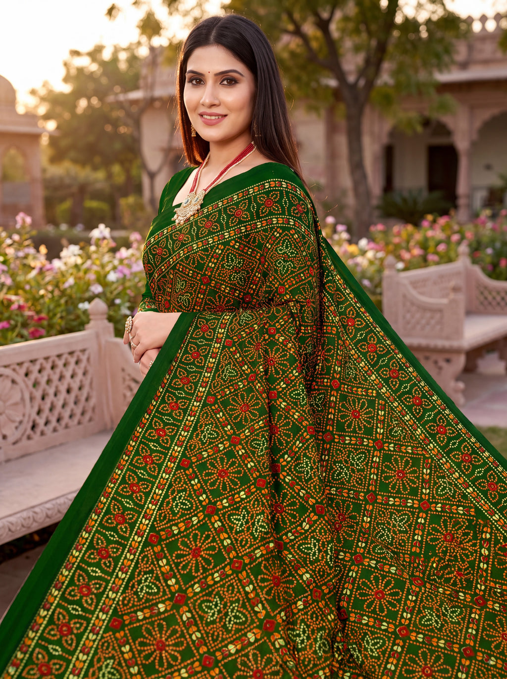 Raj Tilak Heritage Print Green Bandhani Saree