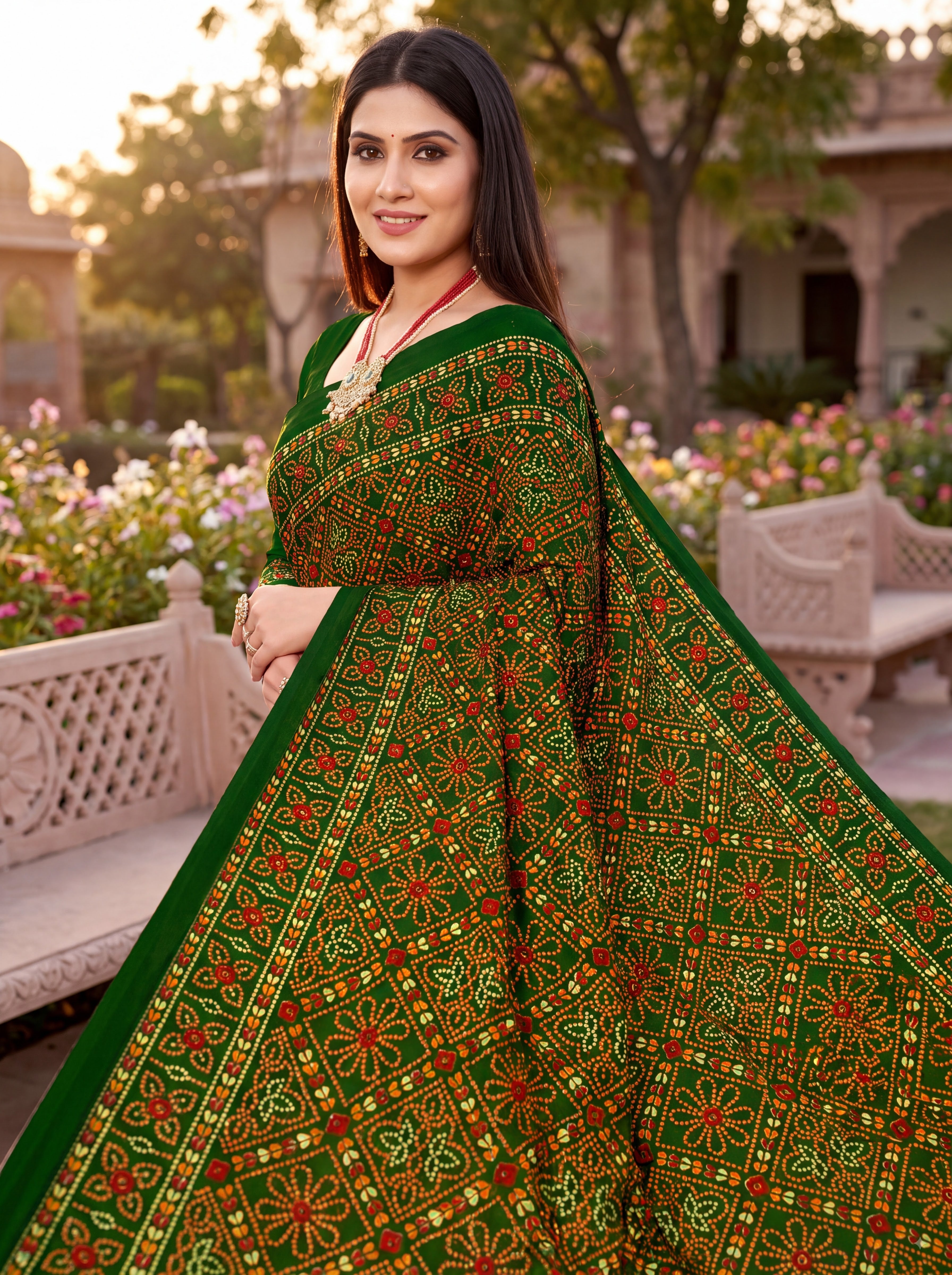 Raj Tilak Heritage Print Green Bandhani Saree