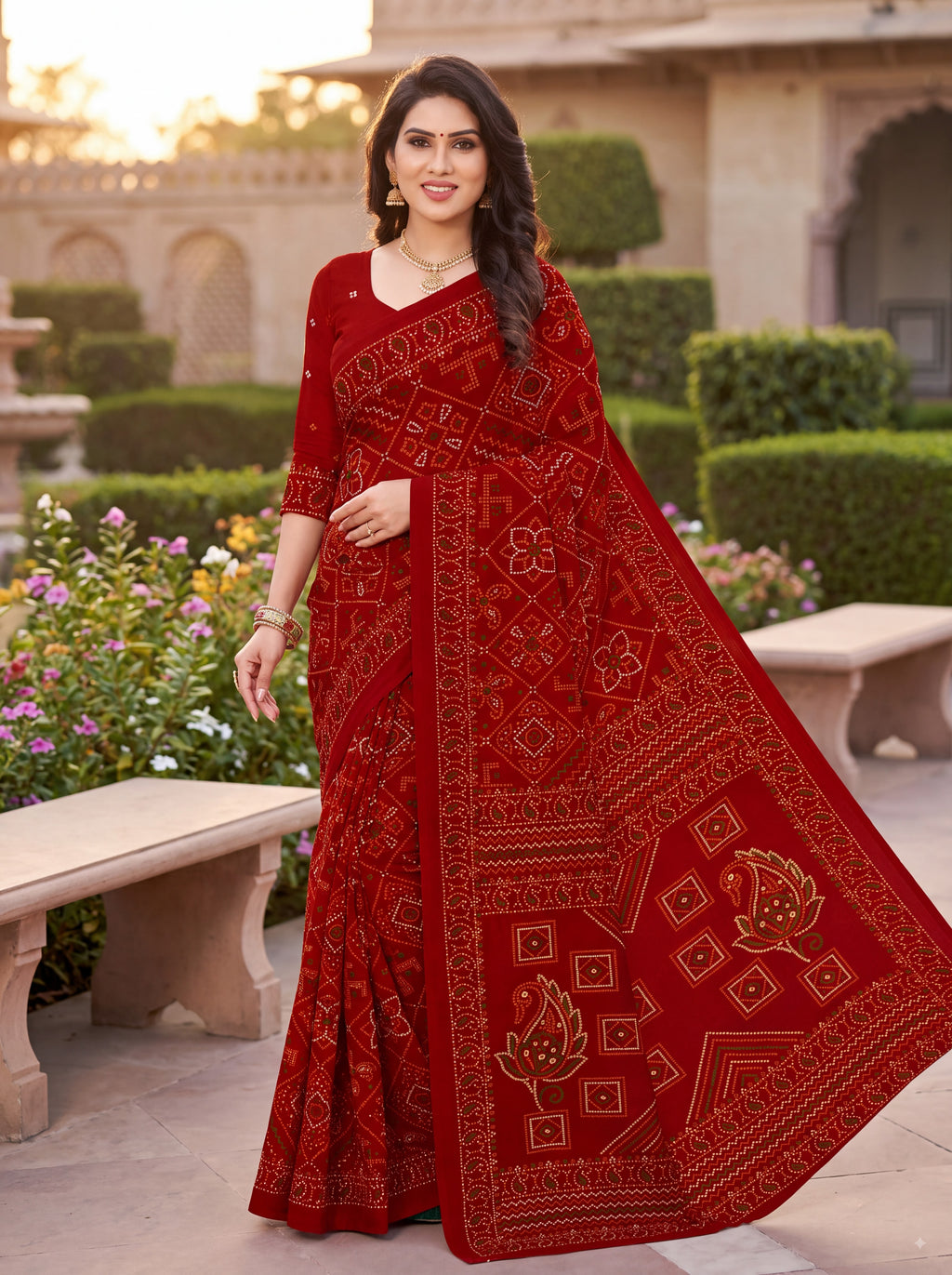 Padmavati Heritage Print Red Bandhani Saree