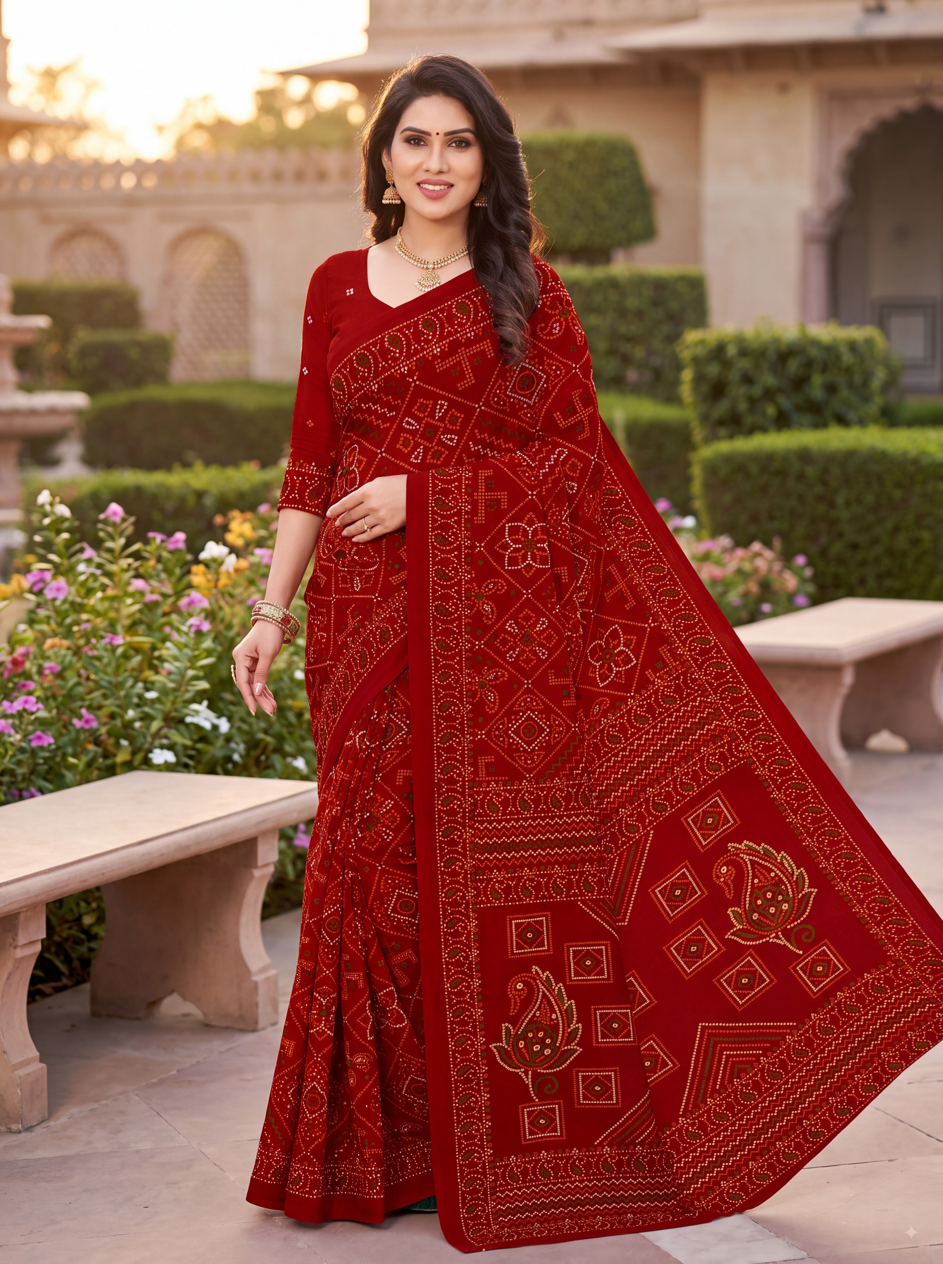 Padmavati Heritage Print Red Bandhani Saree