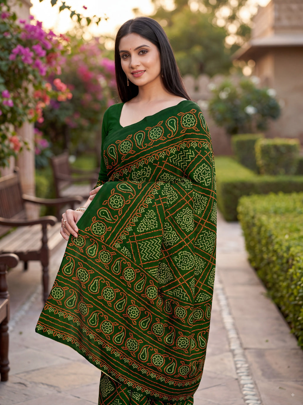 Raj Vaibhav Heritage Print Green Bandhani Saree